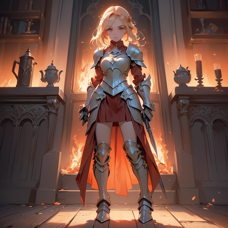Design a layout showcase Gaming character, (1girl). Gold+Red clothes, fiery and majestic, ((showcase weapon:1.4)), flame whip, (masterpiece:1.2), (best quality), 4k, ultra-detailed, (Step by step design, layout art:1.5), (flaming lighting, fiery setting), fire mage, ((flame gloves)), (((revealing armor:1.3))), flame vambraces, fireproof boots, (((full_body_shot:1.4)))