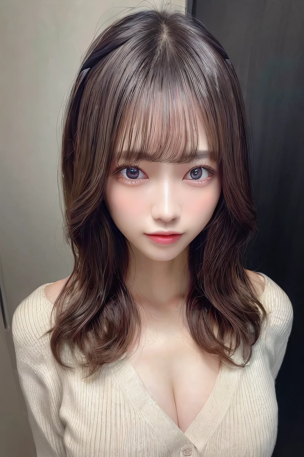 ((top-quality、8K、masterpiece:1.3))、1 girl、Beautiful woman with slender abs:1.3、(Big Tits:1.2)、Cardigan:1.1、hyperdetailed face、A detailed eye、double eyelid