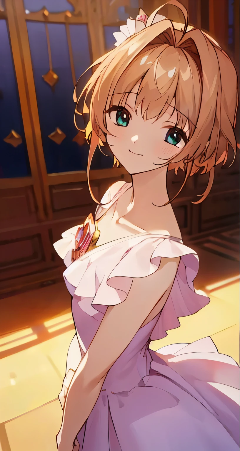 { masterpiece : best quality : high resolution : unity 8k wallpaper : illustration : beautiful detailed eyes : extremely detailed face : perfect lighting : extremely detailed CG }  { in a luxury big room  } { sakura : perfectly small shape breast  : perfectly fit body standing : elegant princess dress : smilling innocent }