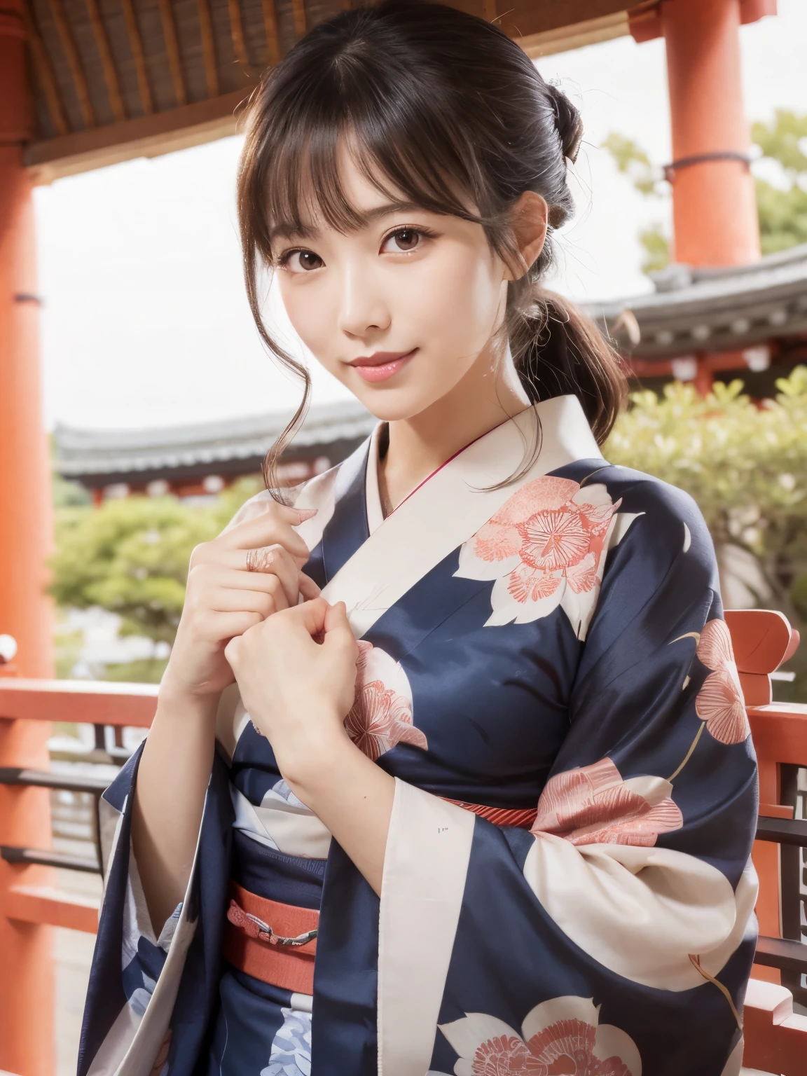 (highest quality, 32k, High resolution, masterpiece:1.5, ), internal_jet, Transparent air, Beautiful Japanese Girl, one person, Very beautiful face, Shiny black hair, ponytail, Asymmetrical bangs, Magic big eye, A loving look, double eyelid, clear, Smooth, White skin, Pale pink lips, White and perfect teeth, Natural Makeup, Motherhood and generosity, (A fleeting smile:0.7), red kimono, ((traditional Japanese Yukata)), Dazzling summer sunlight, Japanese cityscape, detailed blue sky, Professional Lighting, Professional Photographer, Professional Model, Mysterious