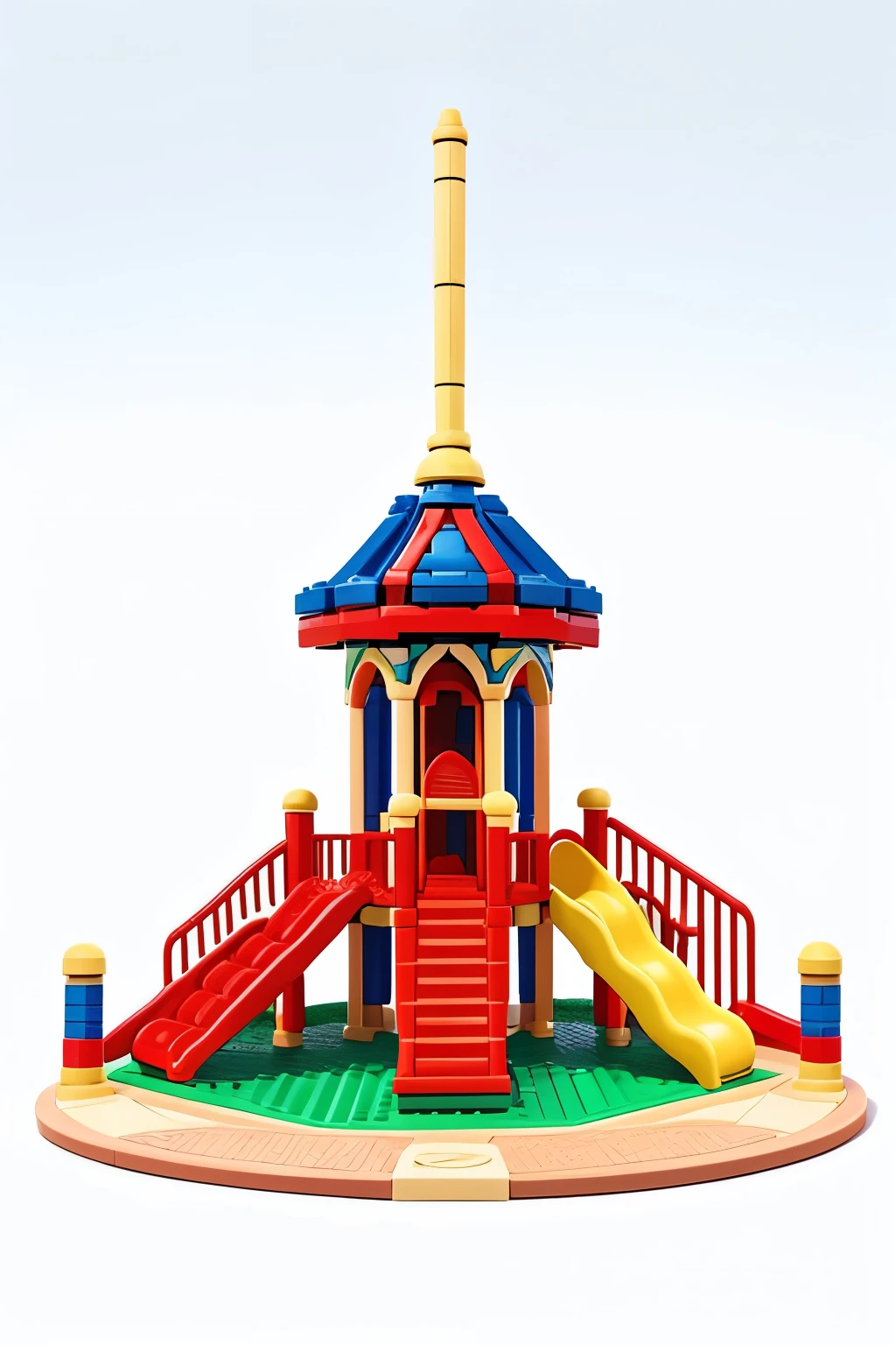 Playground built with Lego bricks，There is a slide、Carousel，White background，Bright colors