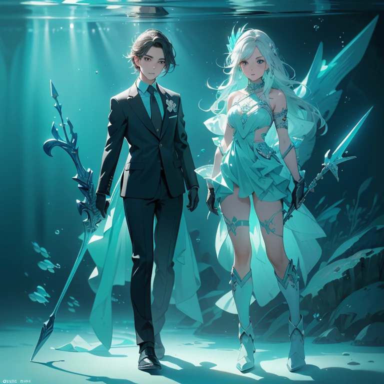esign a layout showcase Gaming character, (1girl). Blue+Green clothes, aquatic and serene, ((showcase weapon:1.4)), trident, (masterpiece:1.2), (best quality), 4k, ultra-detailed, (Step by step design, layout art:1.5), (underwater lighting, oceanic atmosphere), sea warrior, ((aqua gloves)), (((revealing suit:1.3))), shell vambraces, water boots, (((full_body_shot:1.4)))
