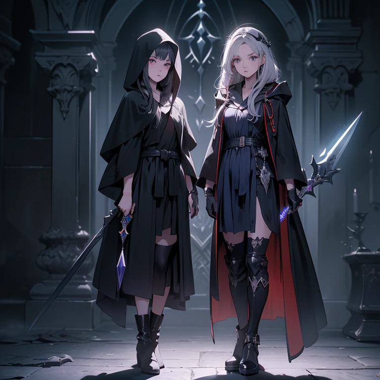 Design a layout showcase Gaming character, (1girl). Black+Purple clothes, dark and magical, ((showcase weapon:1.4)), dark staff, (masterpiece:1.2), (best quality), 4k, ultra-detailed, (Step by step design, layout art:1.5), (shadowy lighting, mystical atmosphere), dark mage, ((shadow gloves)), (((revealing robes:1.3))), dark vambraces, shadow boots, (((full_body_shot:1.4)))