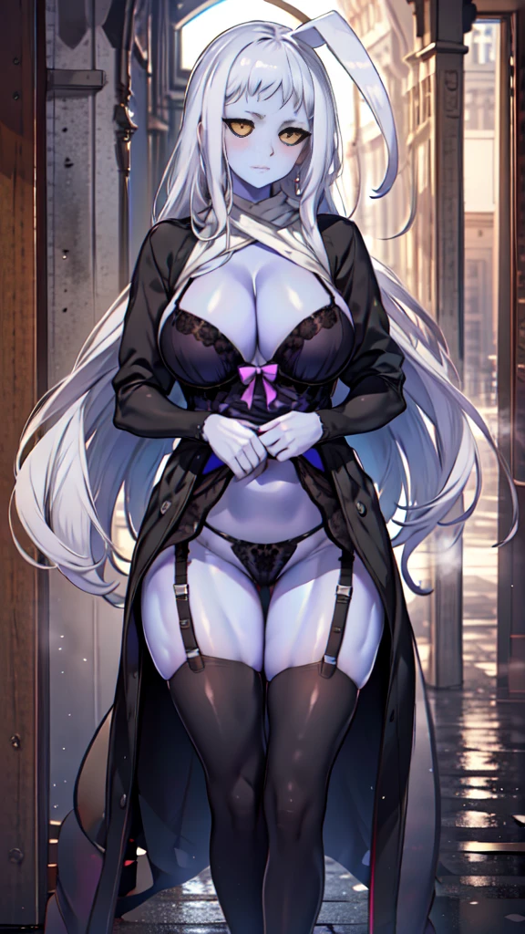 LalaMM, black sclera, colored skin, huge ahoge, 8K, 4K, Best Quality, High resolution: 1.2), (Mast eristic, Realistic, Photoreal: 1.4), One Woman, Beautiful face, Shining Eyes, Beholder, (purple skin:1.5), fine complexion, Big, Big, young, big butts, Colossal, H-cup, obscene lingerie, obscene thong, garter belt, stockings, bra, underwear, Lingerie, underwear, harness
