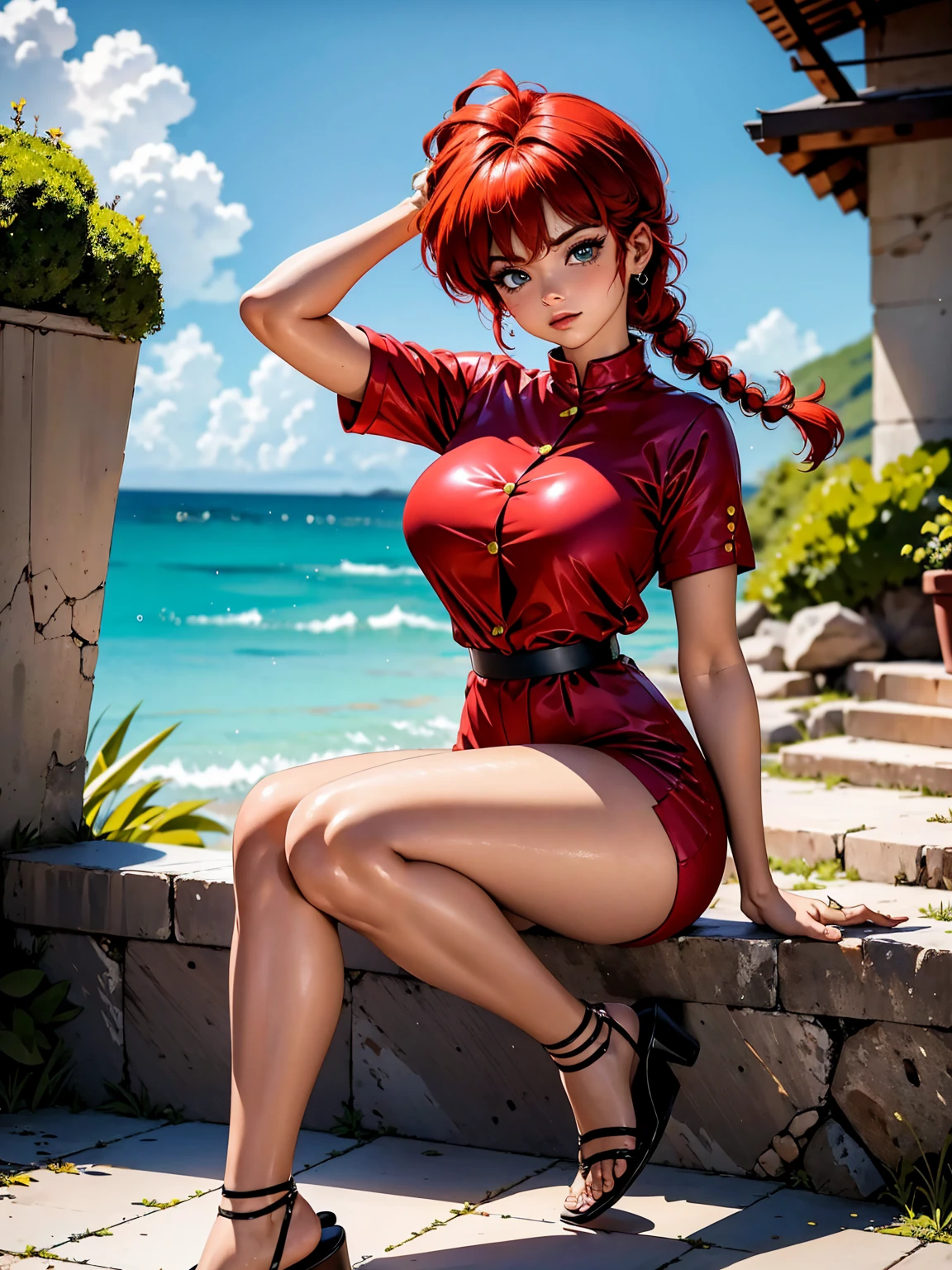 Beautiful Korean woman, Red hair beautiful figure, cute butt. pink bikini, wedge heels, (smile). Masterpiece, best quality,(highly detailed:1.2),(detailed face and eyes:1.2), 8k wallpaper, natural lighting. core shadows, high contrast, bokeh.