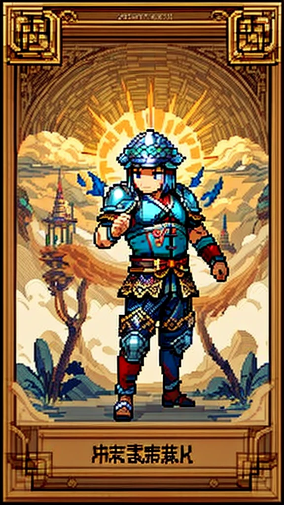 Ancient Chinese man in armor、Handsome、Clever man、Looking into the camera、Wearing an ancient Chinese helmet、Stand and pose、Pixel art、(masterpiece, highest quality, highest quality), pixel,pixel art,whole body,Characters in Romance of the Three Kingdoms、Short Deformation、Iron Armor