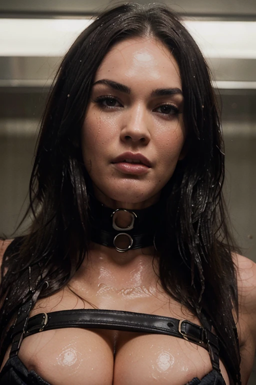 Megan Fox, (bdsm, bondage muzzled, drool dripping, dangling) cleavage, sexy bra, 8k, realistic, drool on chest, close up head and upper body, pleading eyes, drooling, wet, muzzle, long hair 