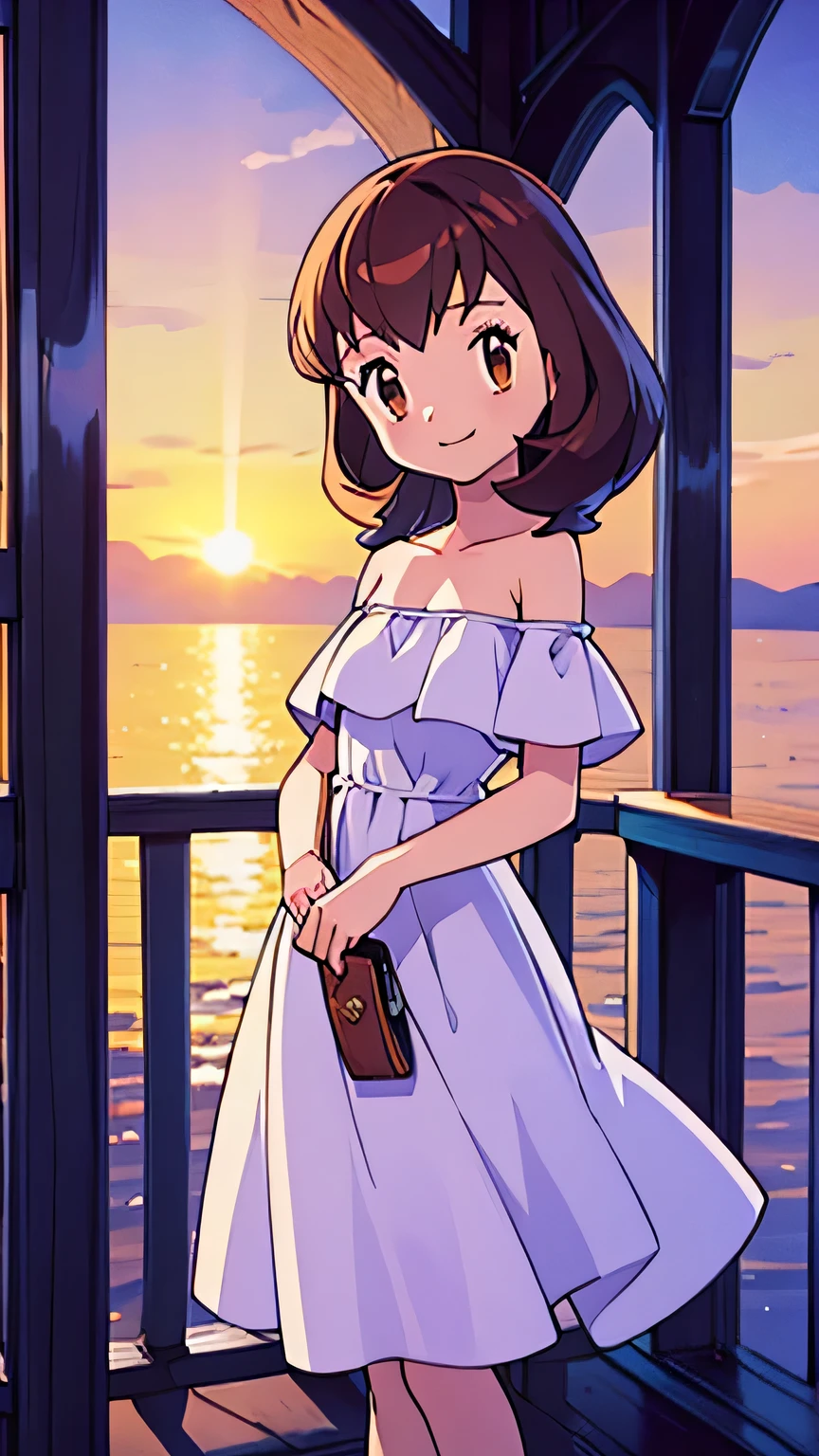 masterpiece, best quality, ultra-detailed, illustration, beautiful detailed eyes, very detailed illustration, cinematic lighting, 1 girl, solo, Pokemon Heroes (Bianca), Brown Hair, brown eyes, 1 girl, solo, bare shoulders, strapless, off shoulders, ruffle off the shoulder top, white maxi dress, intricate details, sharp focus, high resolution, beach, ocean, balcony, evening light, purple sundown, standing in white high heels, Coast, cowboy shot, light smile