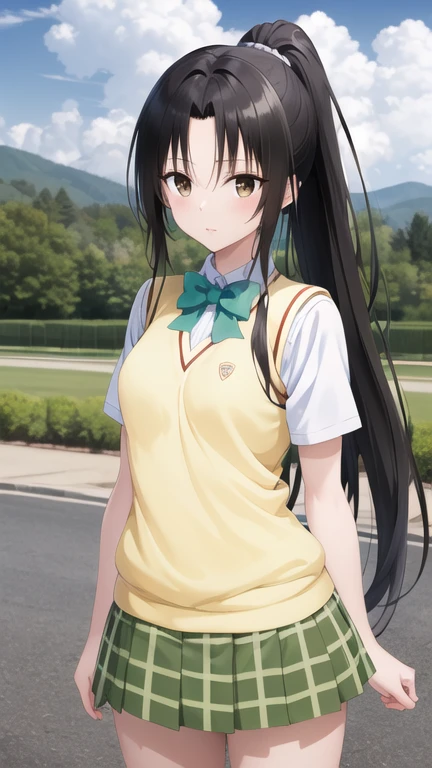 masterpiece, best quality, highres, 1girl, solo, long hair, black hair, ponytail, parted bangs, brown eyes, , green bowtie, white shirt, short sleeves, sweater vest, yellow vest, plaid skirt, green skirt, standing, cowboy shot, outdoors