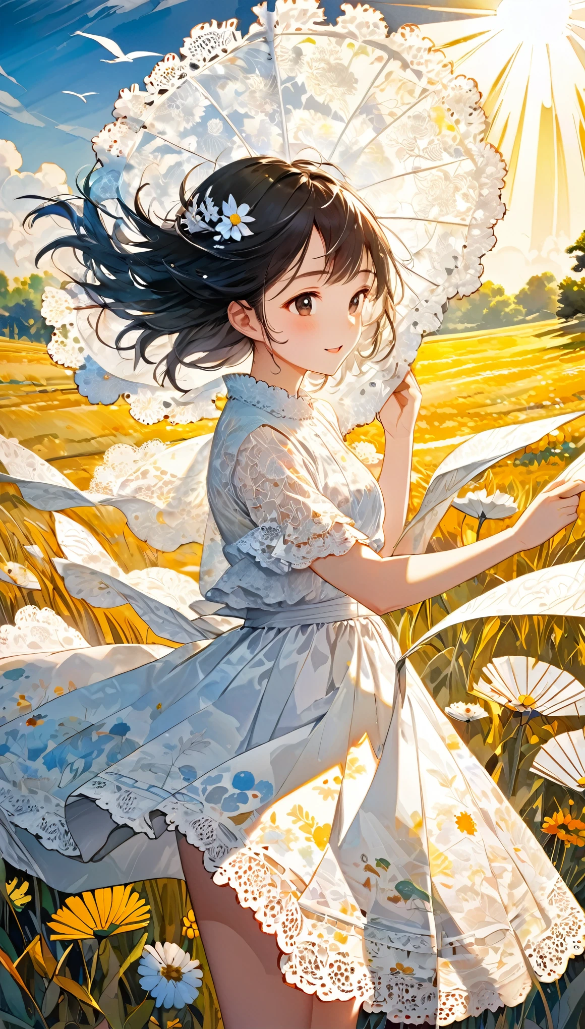 Anime girl in a field of flowers holding an umbrella - SeaArt AI