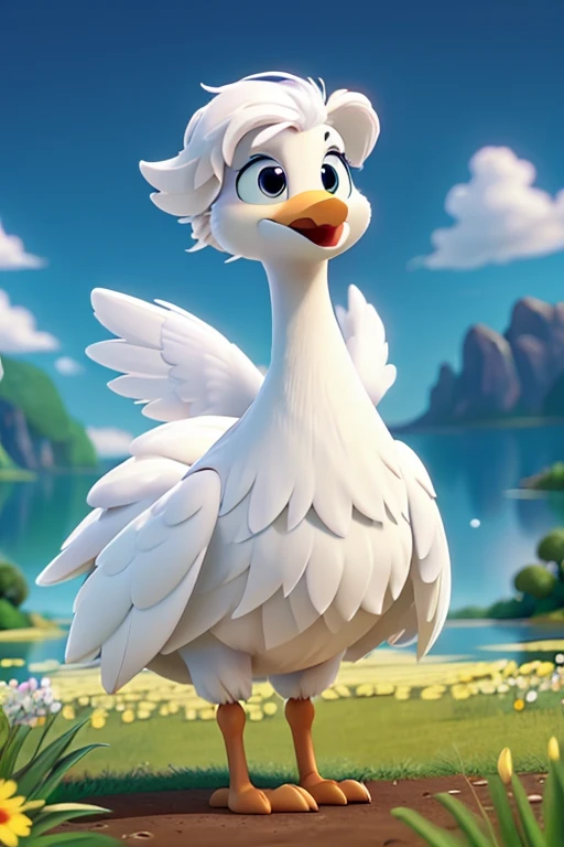 
A character inspired by Disney Pixar.
Image of a white swan
He must look brave and strong in a flower field with lake.
The scene must be in digital art style
 focusing on the expressions of
characters, vibrant colors and detailed textures.