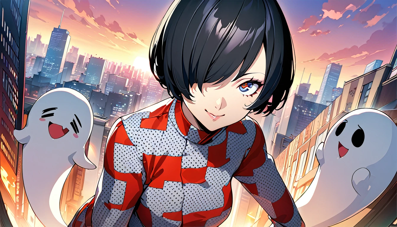 1girl, expressive eyes, sneaky smile, black hair, short hair, hair in front of one eye, red patterned clothes, big urban city in sunset in background, cute ghost in background, detail richness, masterpiece, best quality, PERSONA style, Soejima Shigenori style