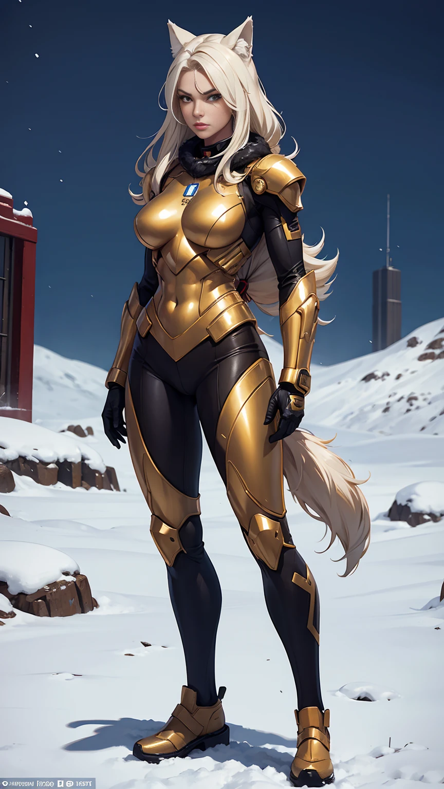 ((full body photo, standing)) Superhero female, half wolf, half cyborg, intimidating, full body shot, wearing golden suit, in the snow, manhattan 