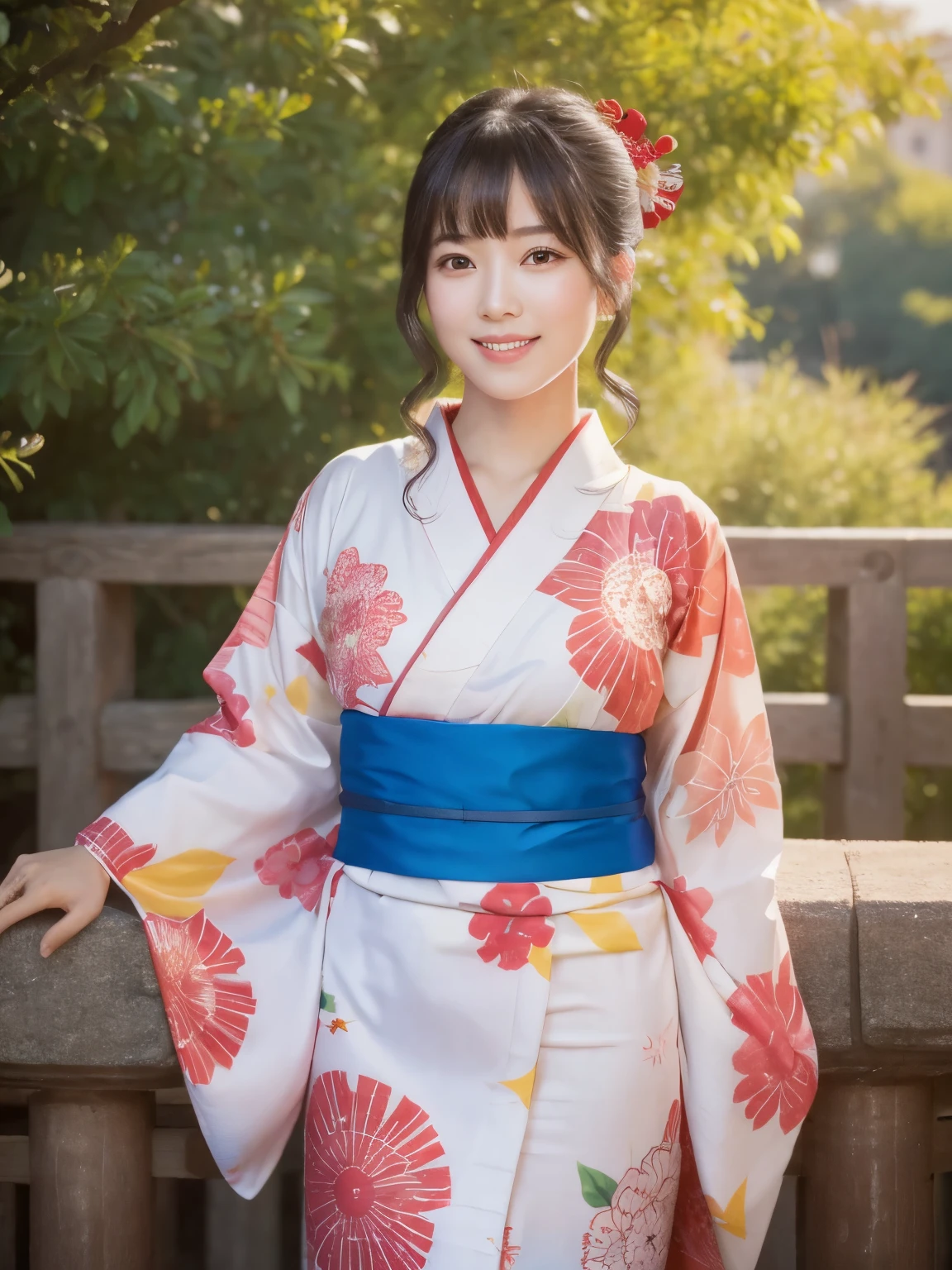 (highest quality, 32k, High resolution, masterpiece:1.5, ), internal_jet, Transparent air, Beautiful Japanese Girl, one person, Very beautiful face, Shiny black hair, ponytail, Asymmetrical bangs, Magic big eye, A loving look, double eyelid, clear, Smooth, White skin, Pale pink lips, White and perfect teeth, Natural Makeup, Motherhood and generosity, (A fleeting smile:0.7), red kimono, ((traditional Japanese Yukata)), Dazzling summer sunlight, Japanese cityscape, detailed blue sky, Professional Lighting, Professional Photographer, Professional Model, Mysterious