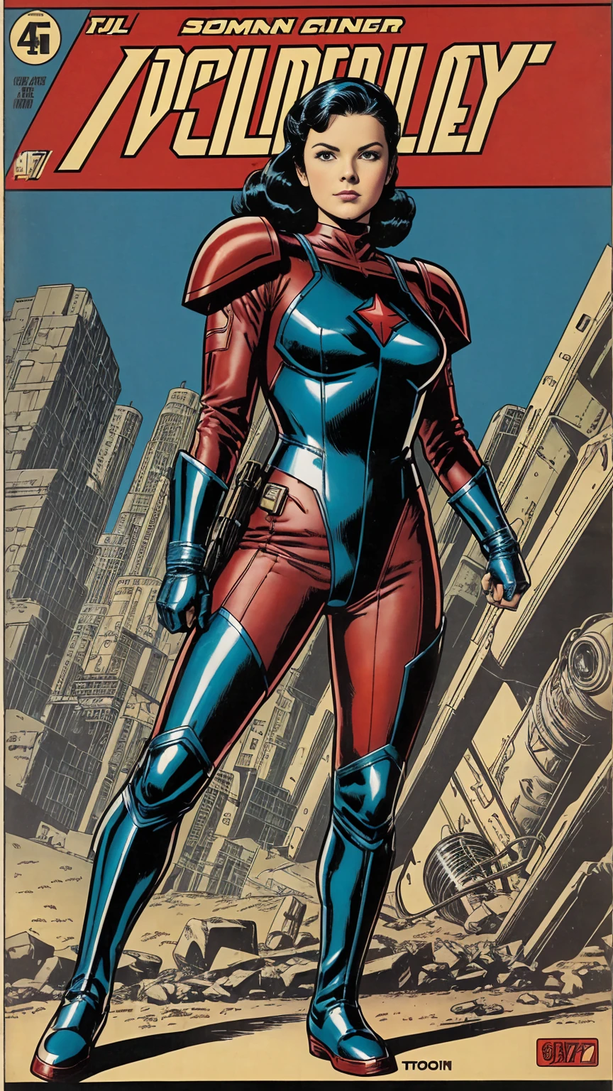 ((full body photo, standing))comic book art, vintage colors, style Terry Moore, woman Sci-fi soldier, black hair, blue eyes, Hi-tech shiny red armor, scifi cenario