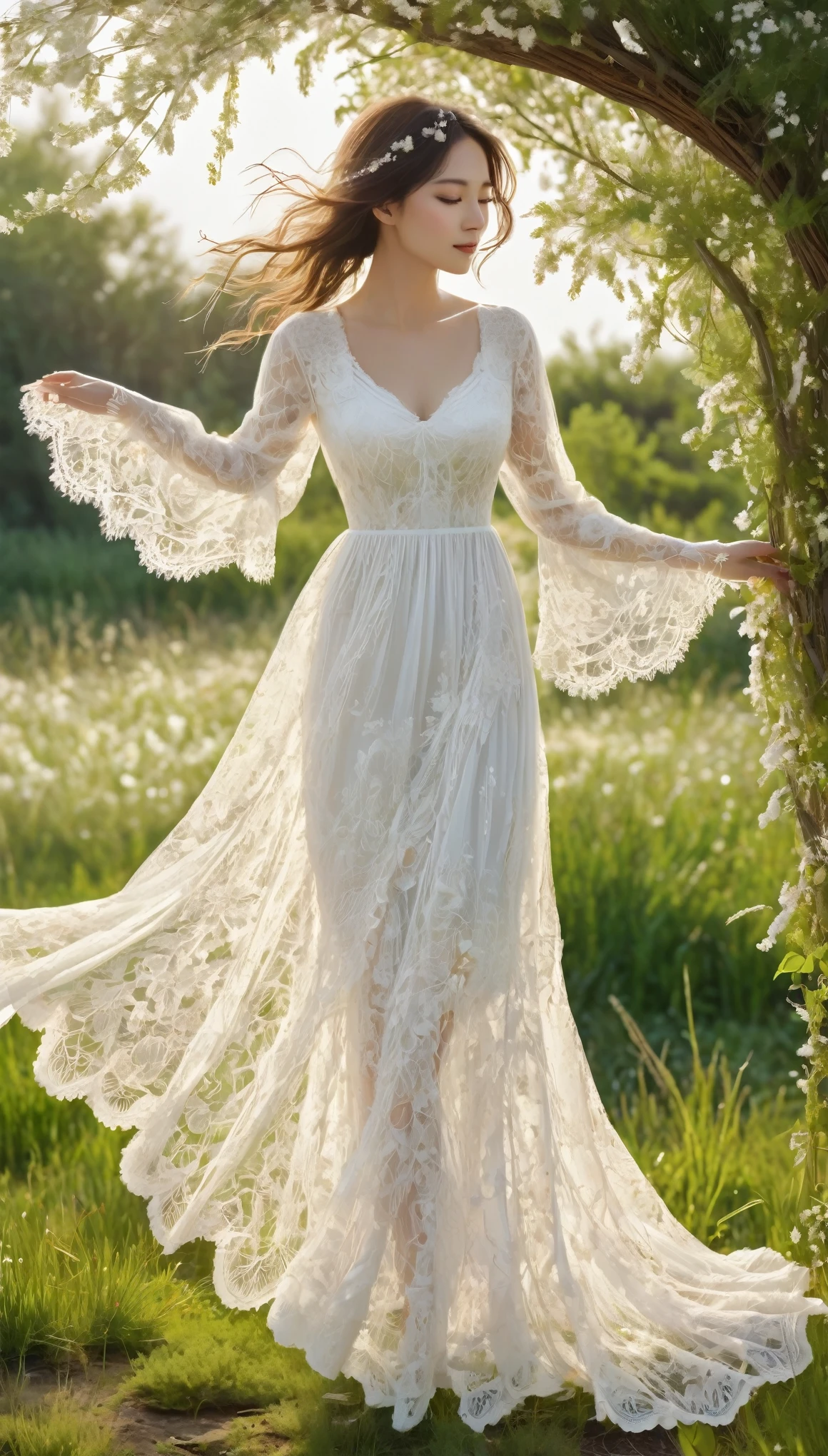 best quality, super fine, 16k, incredibly absurdres, extremely detailed, delicate and dynamic, clear prairie, dazzling sunlight, large piece of frilly white lace hanging out to dry fluttering in the wind, wind, wind effects, work of art depicting peaceful happiness