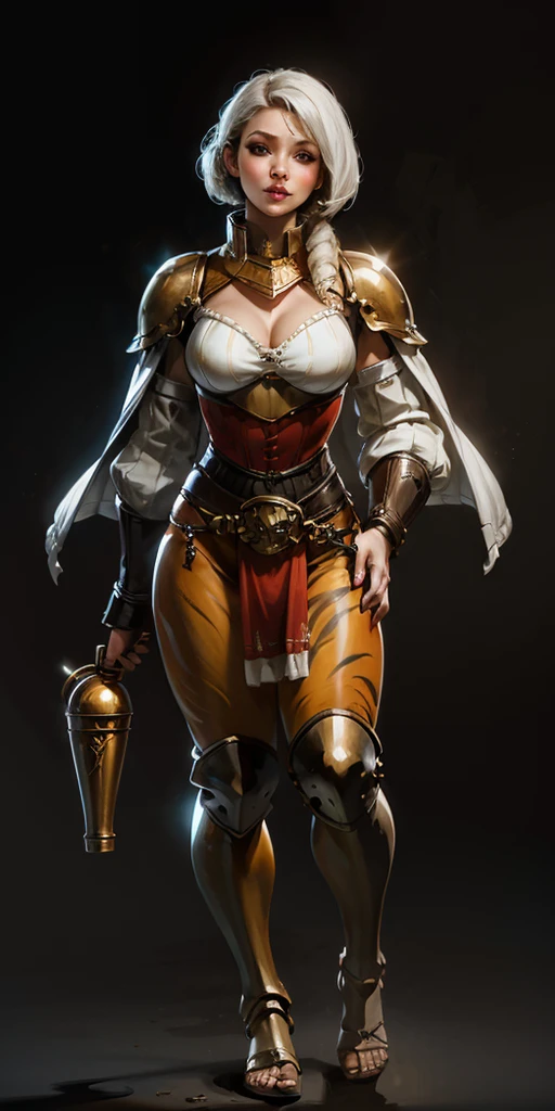 ((BLACK BACKGROUND:1.2, Masterpiece)) (Forest:Face:LORA) (red blushed, red cheeks)1solo female full body MILF BIMBO standing straight symmetrical with two long thighs and two metal sandals, red eyes like rubies, eye focus looking to the viewer, silver white hair, short bob style hair, big knockers breastplate, breastplate, cleavage, tiara royal, long cape up to two feet, yellow bikini (yellow tiger stripes), lustful smirking smiling, smile face, pauldrons metal shoulders, gold sleeveless bracelets, separate sleeves, hands on waist hands OR hips, golden bracers, metal handcuffs, leather corset, red loincloth, black leather choker slave collar, shackles bracelets, slave red crest under navel, navel, big belt around waist OR hips, feet together, metal ankle, two long thighs and two metal sandals