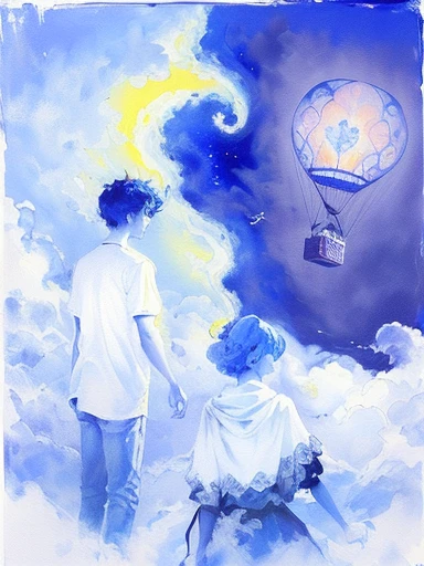 painting of a man and a woman looking at a hot air balloon, dreamy painting of coronavirus, surreal gouache gesture painting, inspired by Emil Nolde, metaphysical painting, a dream, boy, inspired by Charles Conder, painting in luminist style, inspired by Arthur Boyd, painting of a dreamscape, inspired by Marcel Chagall