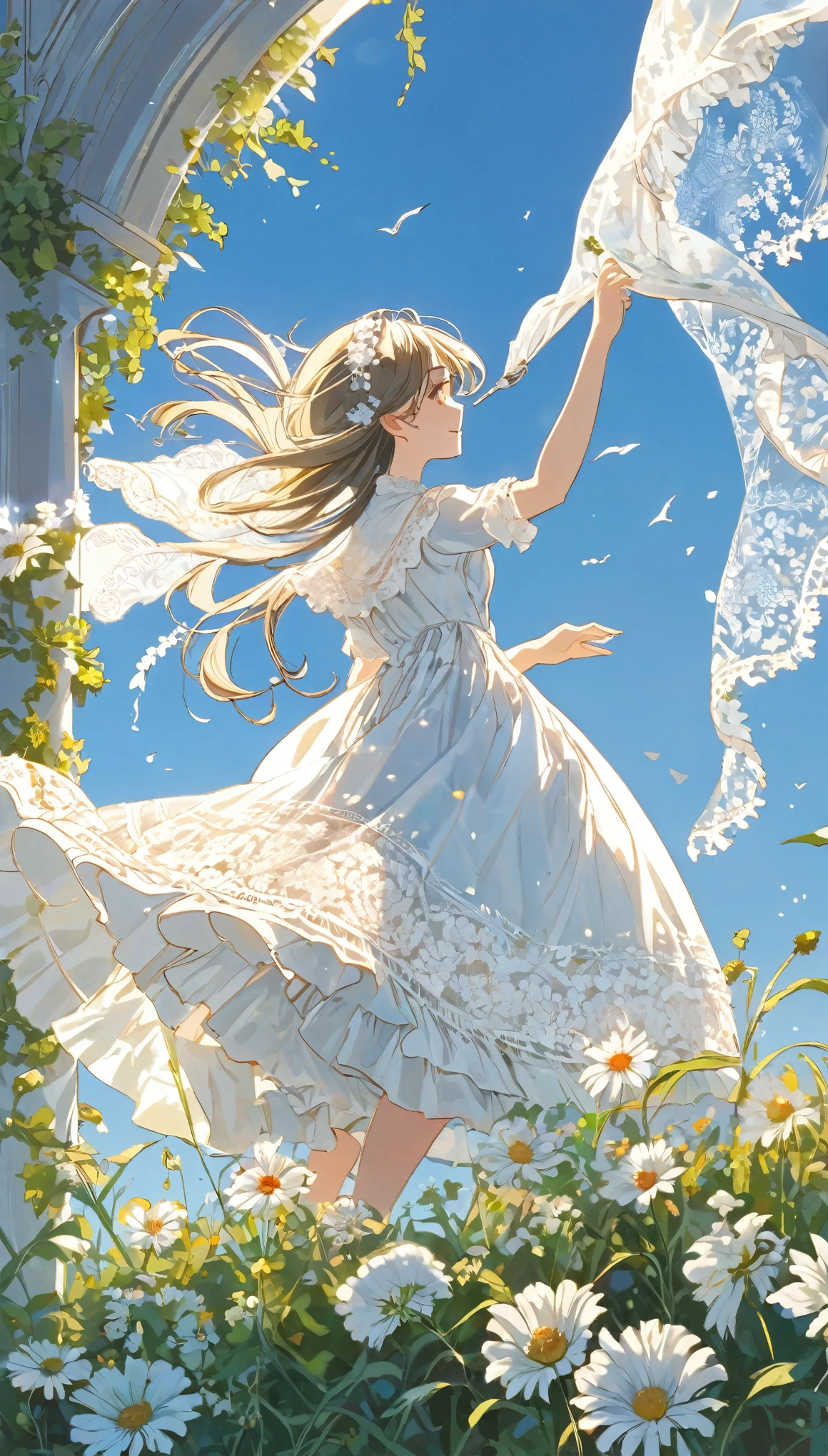 best quality, super fine, 16k, incredibly absurdres, extremely detailed, delicate and dynamic, clear prairie, dazzling sunlight, large piece of frilly white lace hanging out to dry fluttering in the wind, wind, wind effects, work of art depicting peaceful happiness