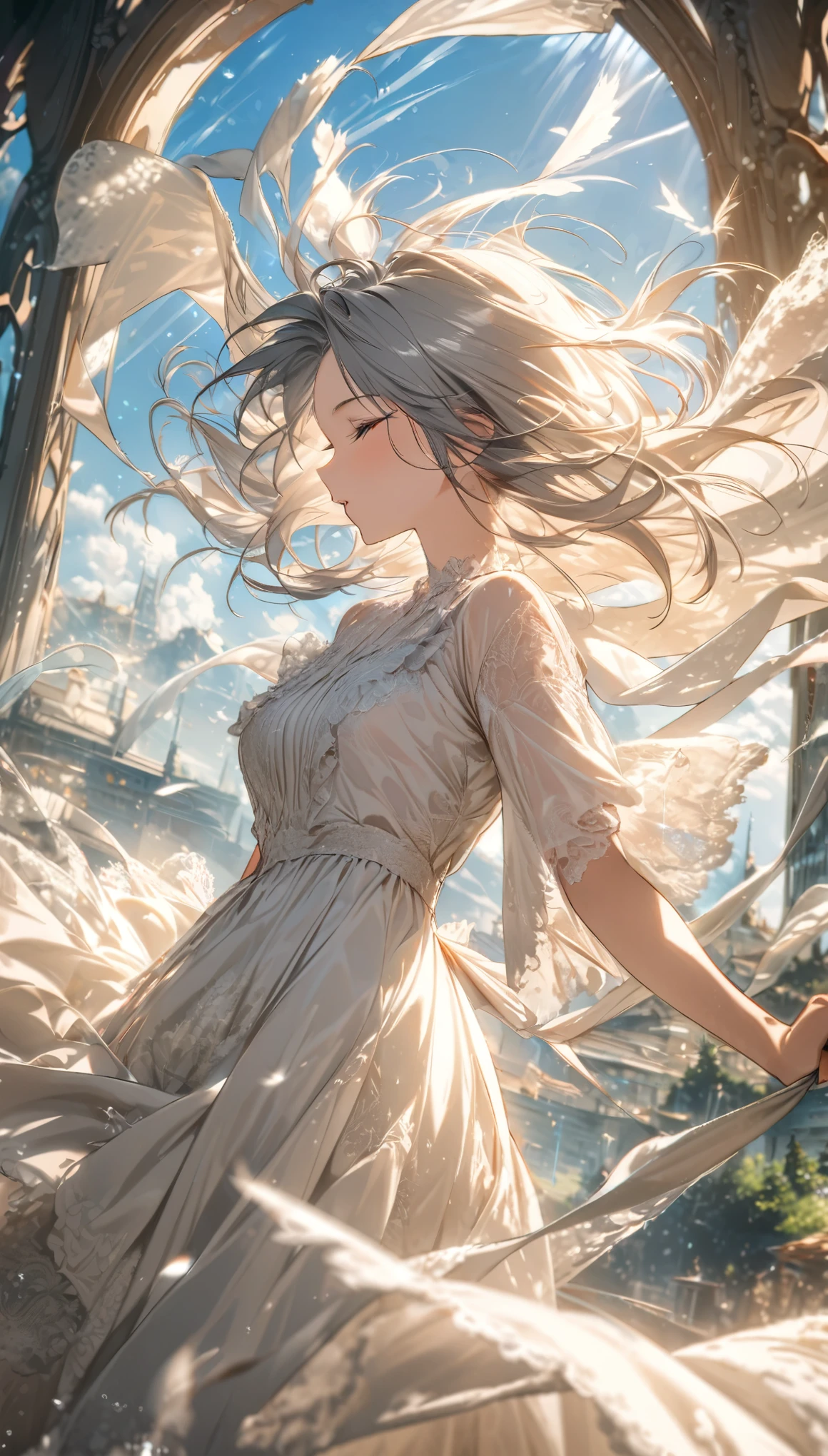 best quality, super fine, 16k, incredibly absurdres, extremely detailed, delicate and dynamic, clear prairie, dazzling sunlight, large piece of frilly white lace hanging out to dry fluttering in the wind, wind, wind effects, work of art depicting peaceful happiness