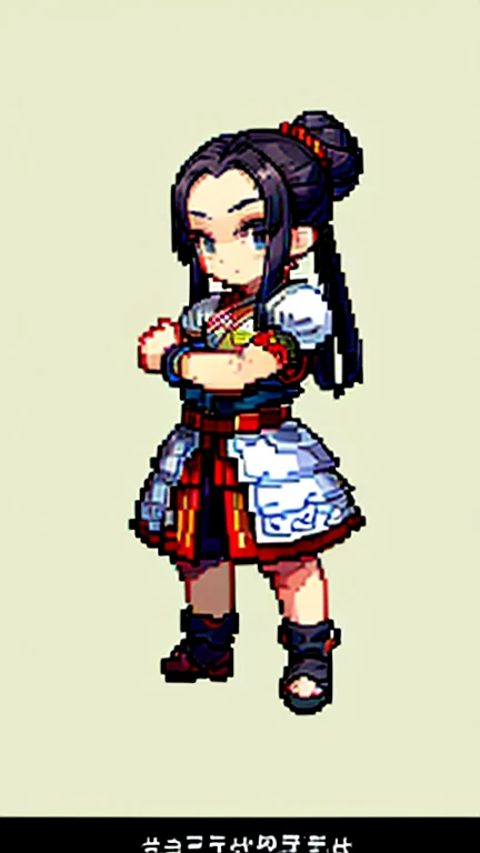 Ancient Chinese man in armor、Clever man、Looking into the camera、His hair is in a bun、Only one topknot、Black Hair、Stand and pose、Pixel art、(masterpiece, highest quality, highest quality), pixel,pixel art,whole body,Characters in Romance of the Three Kingdoms、Transform、Short Deformation、White embroidery is wrapped around the head