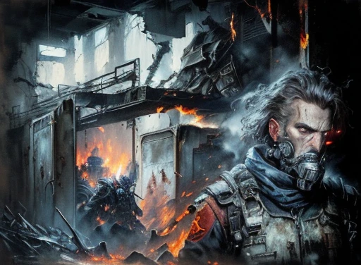 painting of a man with a knife and a fire in a room, oil on canvas; nuclear fallout, evil realm magic painting vibes, acrylic and spraypaint, dystopian art, by Zoran Mušič, by Géza Udvary, inspired by Alfred Leyman, hell scape, war machines from a gate in hell