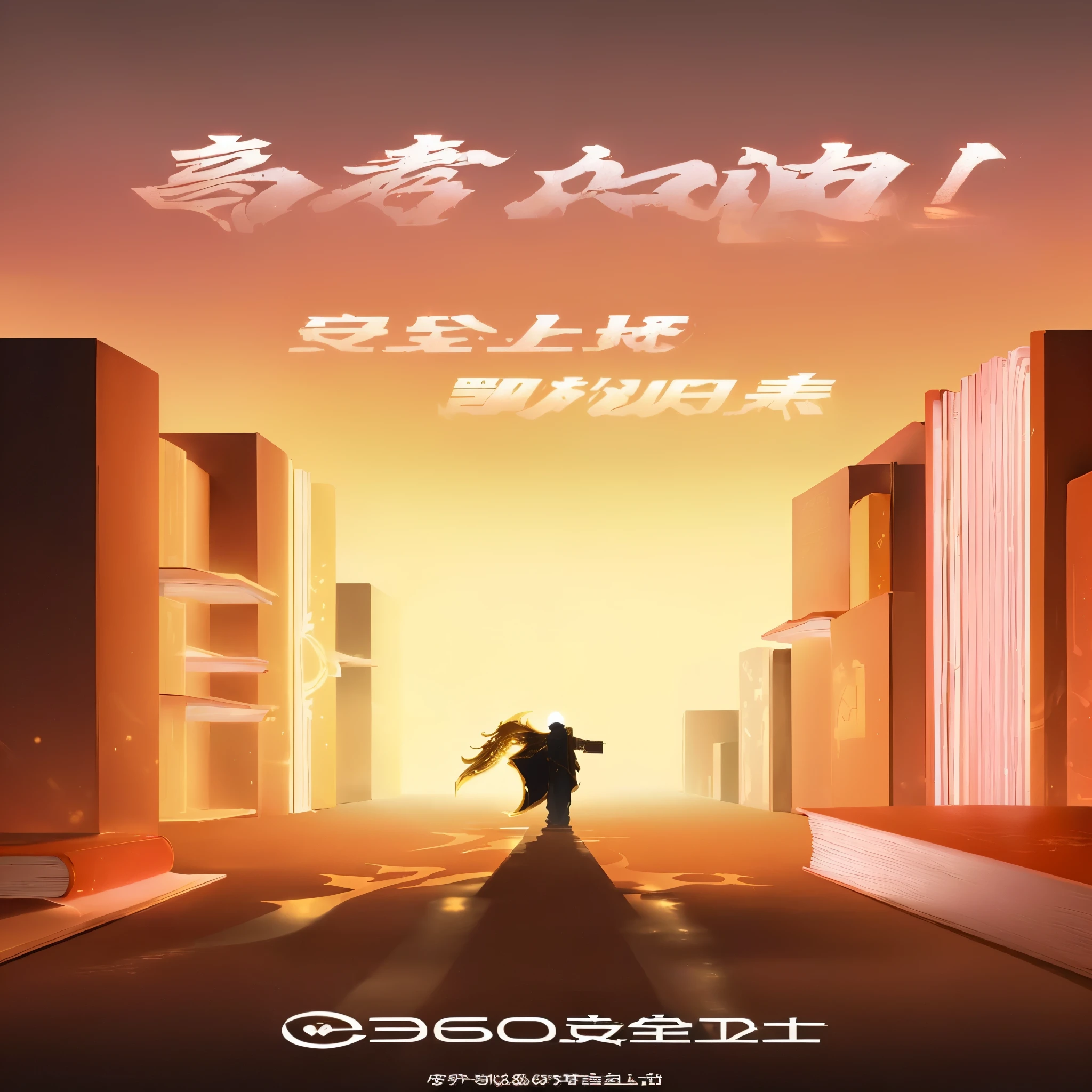 A golden glowing channel,There are large books on both sides,Golden red light in the middle,