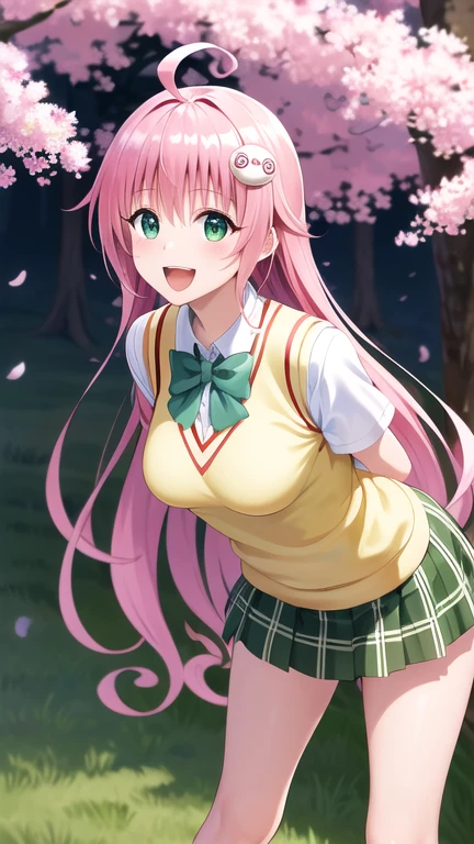 masterpiece, best quality, highres, Lala Satalin Deviluke, long hair, ahoge, hair ornament, green eyes, breasts, , green bowtie, collared shirt, white shirt, sweater vest, yellow vest, short sleeves, plaid skirt, green skirt, arms behind back, leaning forward, standing, outdoors, smile, open mouth, cherry blossoms,