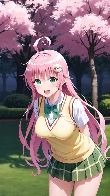 masterpiece, best quality, highres, Lala Satalin Deviluke, long hair, ahoge, hair ornament, green eyes, breasts, , green bowtie, collared shirt, white shirt, sweater vest, yellow vest, short sleeves, plaid skirt, green skirt, arms behind back, leaning forward, standing, outdoors, smile, open mouth, cherry blossoms,