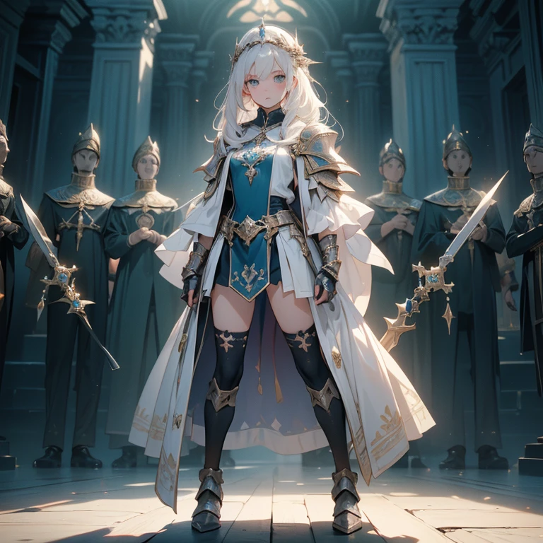 (((masterpiece, best quality, high detailed, 8k))) Design a layout showcase Gaming character, (1girl). White|Gold clothes, stylish and unique. ((showcase weapon:1.4)), holy scepter. (masterpiece:1.2), (best quality), 4k, ultra-detailed. (Step by step design, layout art:1.5), (luminous lighting, atmospheric lighting). priestess, ((glove full hands)), (((revealing clothes:1.3))), vambraces, armored legwear, (((full_body_shot:1.4))). {In a sacred temple}.
