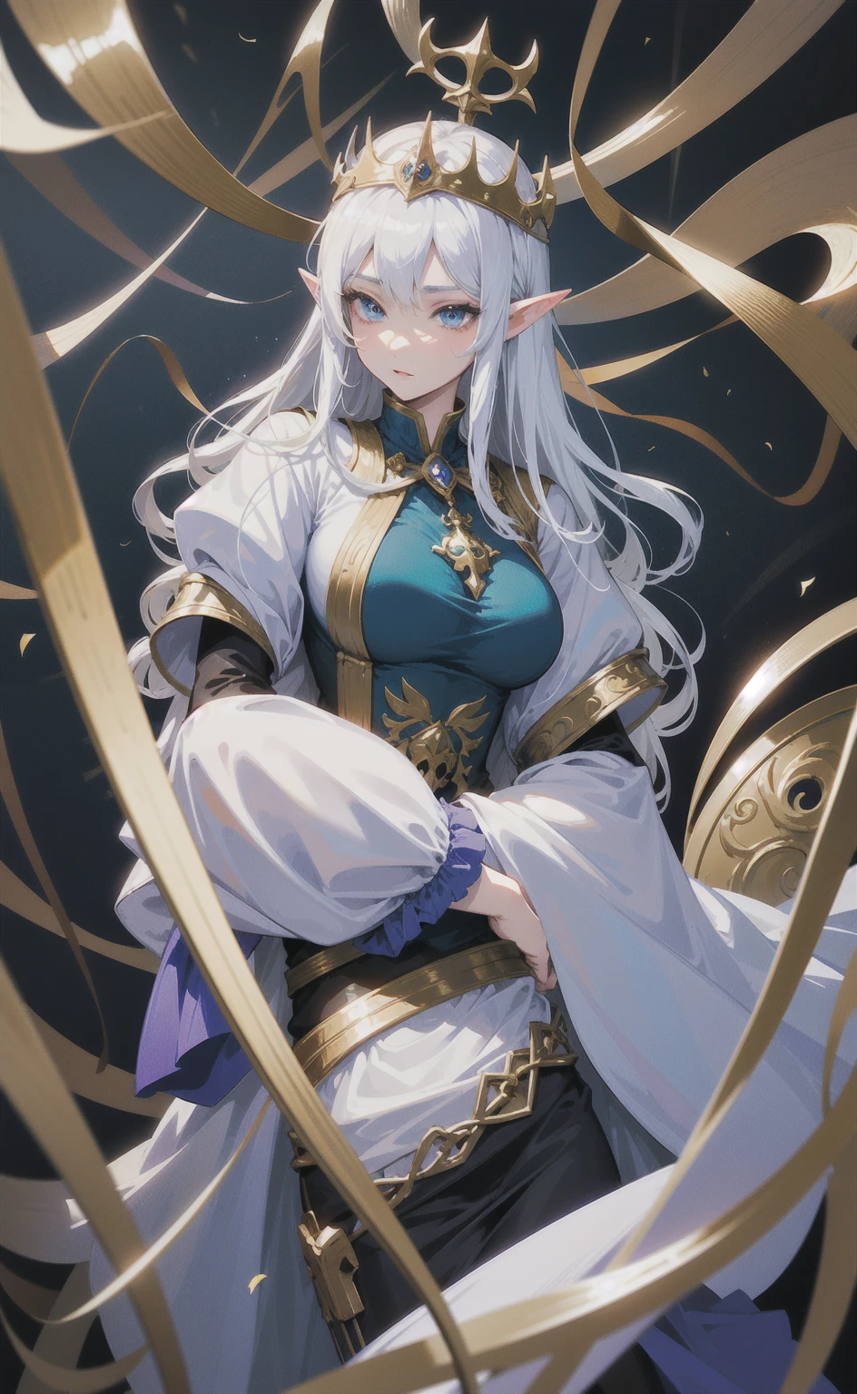 anime - style image of a woman with long white hair and blue eyes, portrait knights of zodiac girl, she has elf ears and gold eyes, portrait of an elf queen, elf princess knight, crisp clear rpg portrait, zerochan art, an elf queen, alluring elf princess knight, portrait of female paladin, detailed digital anime art, elf knight