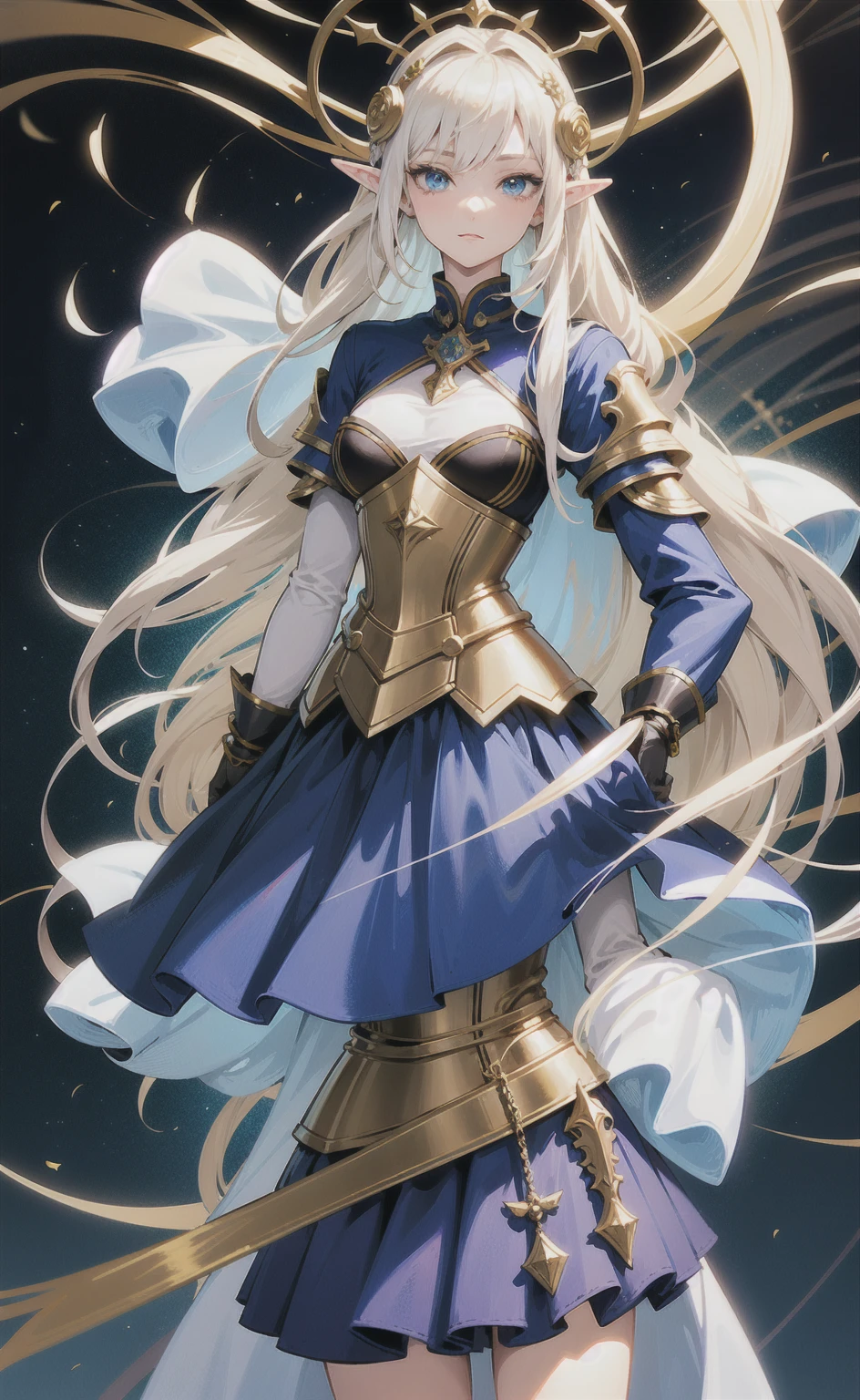 anime - style image of a woman with long white hair and blue eyes, portrait knights of zodiac girl, she has elf ears and gold eyes, portrait of an elf queen, elf princess knight, crisp clear rpg portrait, zerochan art, an elf queen, alluring elf princess knight, portrait of female paladin, detailed digital anime art, elf knight