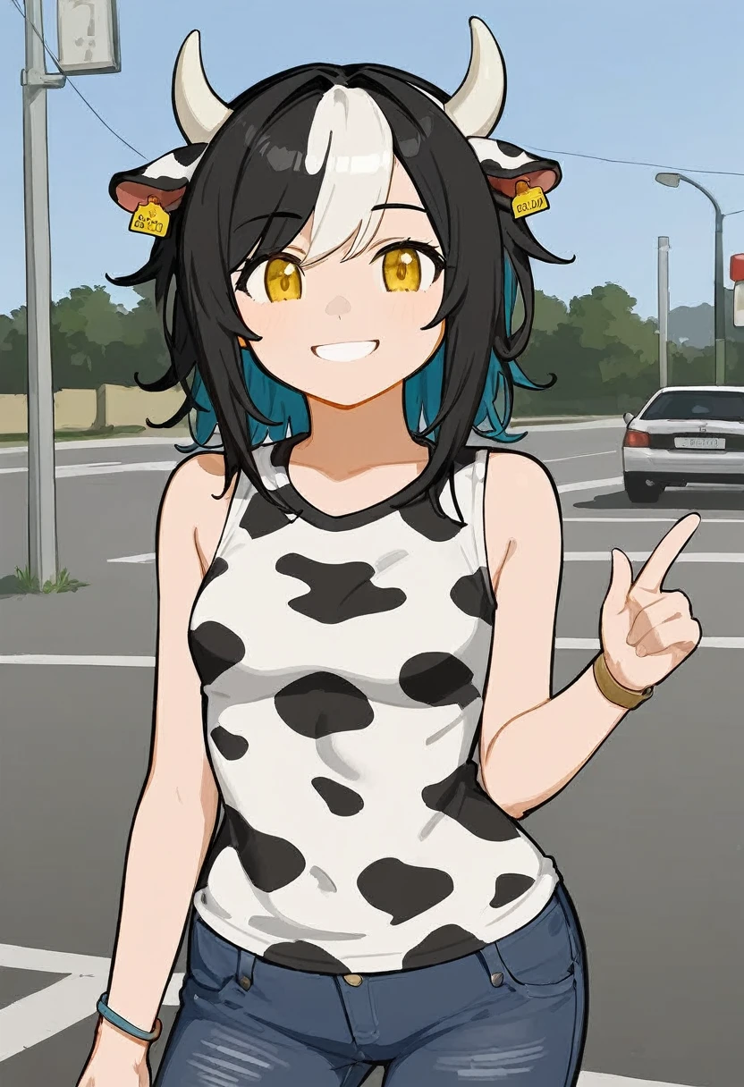 cow girl, (cow print:1.35) sleeveless shirt, jeans, small breasts, black hair, two-tone hair, white horns, smile, parking lot