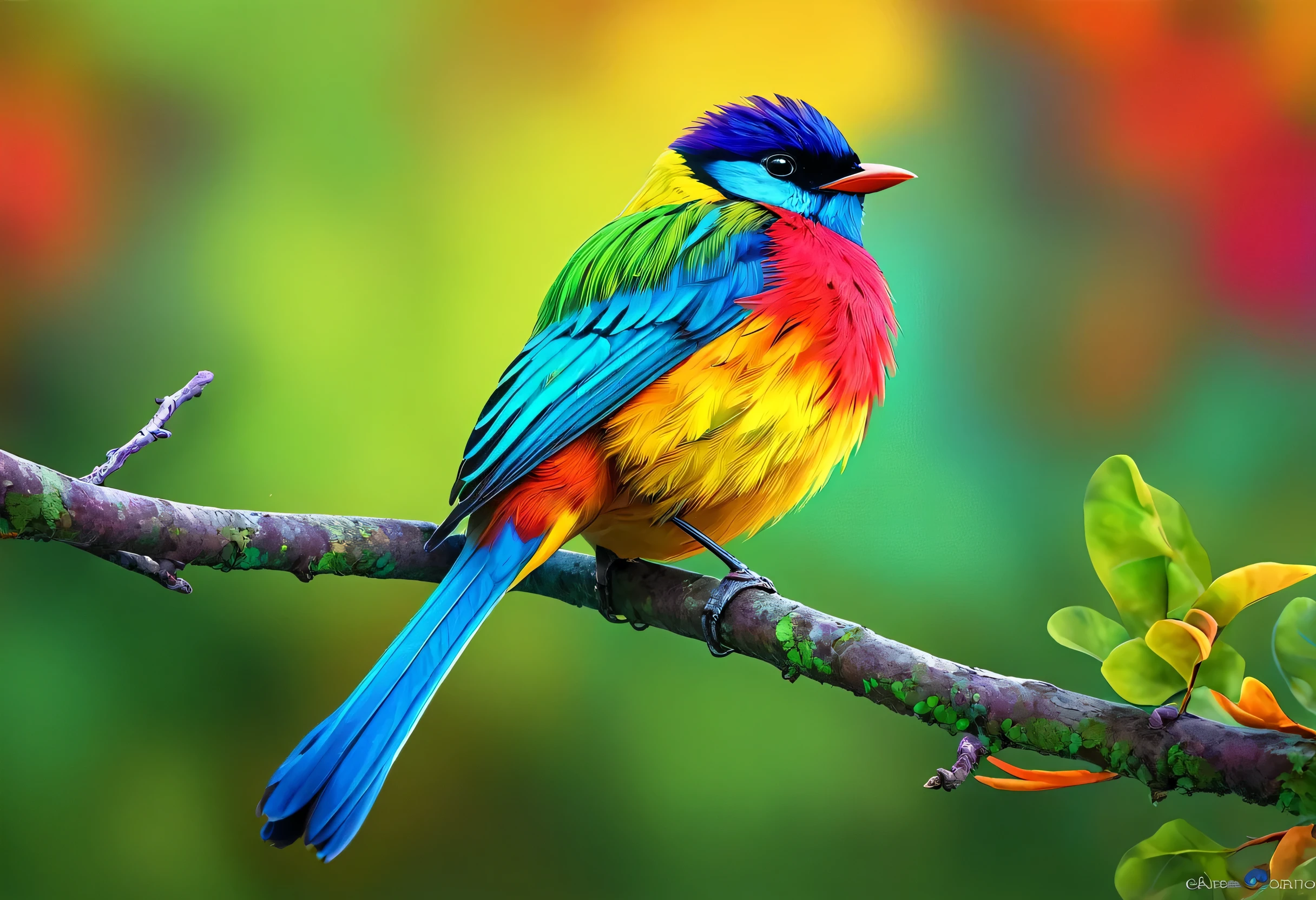 A brightly colored bird perched on a branch with leaves in the background, Digital painting inspired by Charles Bird King, Trending on pexels, Fantasy art, Colorful HD images, Beautiful and colorful, Colorful 8 k, Multicolored birds, Long colorful bird, Beautiful colorful, Beautiful and vibrant colors, Colorful feathers, Colorful 4K, Colourful and detailed