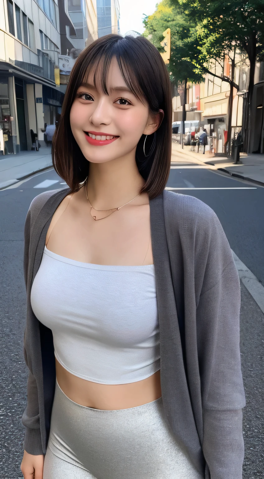 ((8k:1.27)、highest quality、masterpiece、Ultra-high resolution:1.2)photograph、photograph、Japanese women、elegant、Neat、cute、Shortcuts、Laughter、24-years-old、elegant、Handsome face、A kind smile、Close-up portrait of a woman in a gray jacket and white skirt, Solid Colors、Short hair, Grey Halter top, Halter top, Halter neck, Grey Top, (Ultra-realistic pantyhose:1.3)、Omotesando、street tree、Morning cityscape、Stylish city、The morning sun is dazzling、Small breasts、street tree、Halter top that emphasizes the bust、Side angle、Hair blowing in the wind、tote bag、(Full Body Shot:1.5),