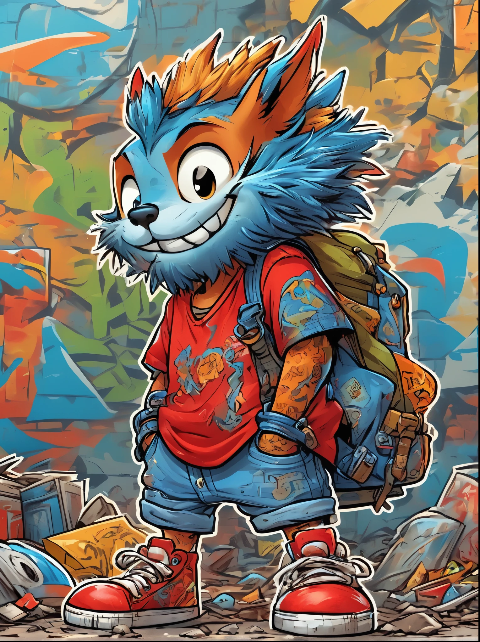 (Cartoon doodle style:1.2), Vector illustration，A very pitiful anthropomorphic little Chinese dragon image，solo, Wearing a tattered red linen shirt and denim overalls，Wearing tattered cloth shoes，Carrying a super bag on his back that is taller than it, Kitten standing on a bigger, In front of a more obvious garbage dump，In the background is a road completely covered in graffiti，Doodle style background, Comic Art，Anatomically correct, Textured Skin, Adds whimsy to the scene, 1xhsn1