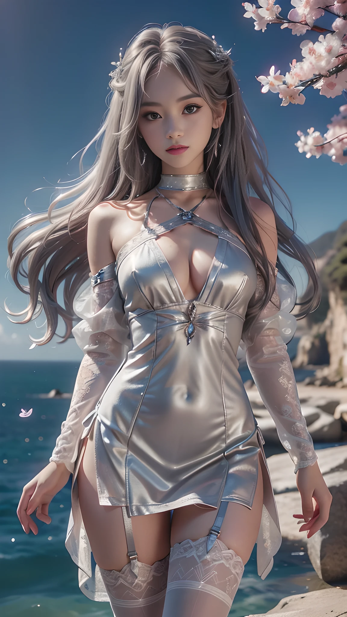 8K, ultra hd, masterpiece, hd color, 1 girl, perfect face, very long curly hair, detailed eyes, she wears a small sexyly silver dress, ((silver clothes)), stockings, (( criss-cross lace)), sardine, straps, clothing net, ((long loop)), jewelry, seaside, Realistic landscape, majestic landscape, standing in front of the night, evening, Butterfly , cherry blossoms, blowing wind, perfect posture, sexyly poses,