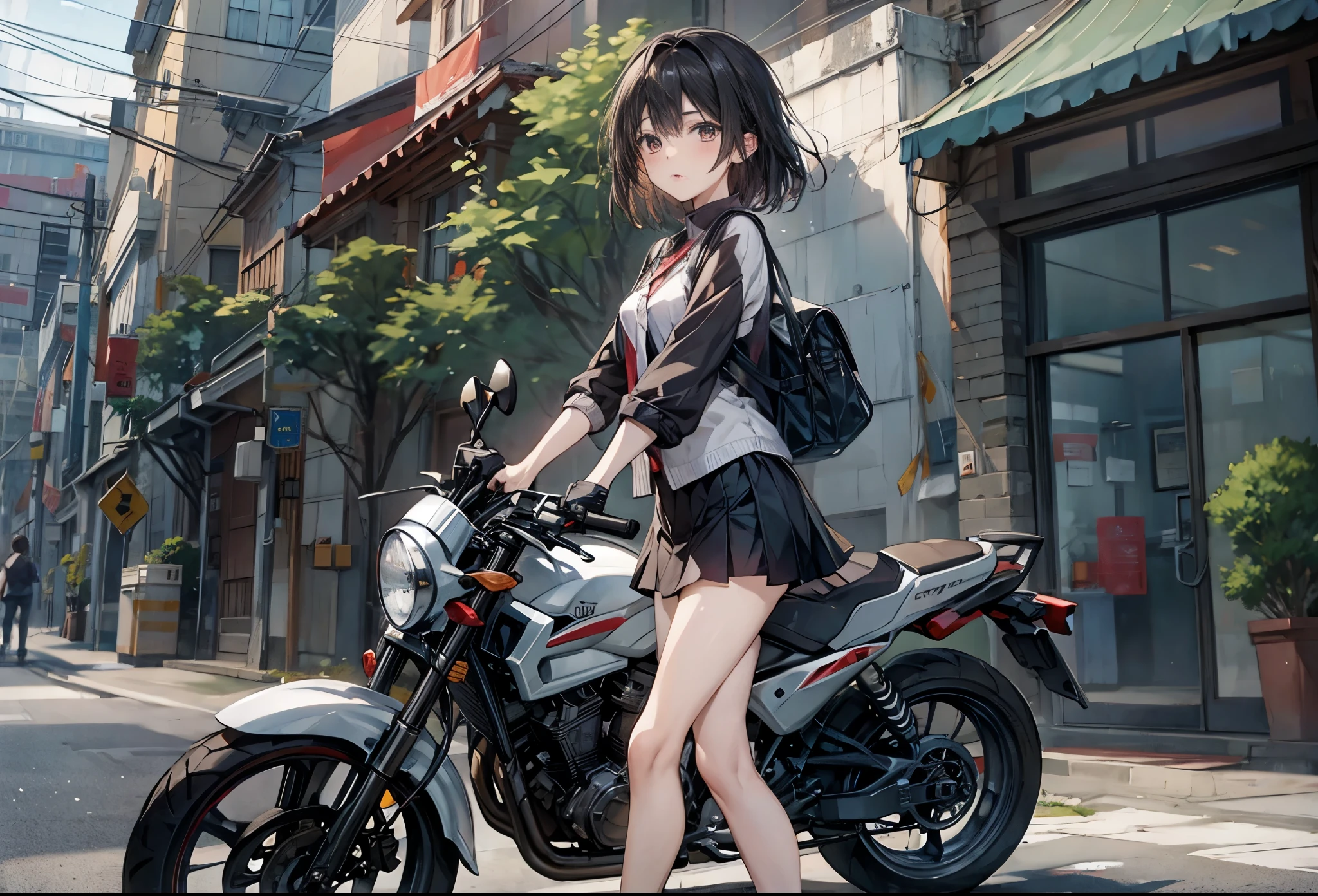 1 Girl、Black Hair、motorcycle、,mini skirt、White panties、Beautiful thighs、in town、