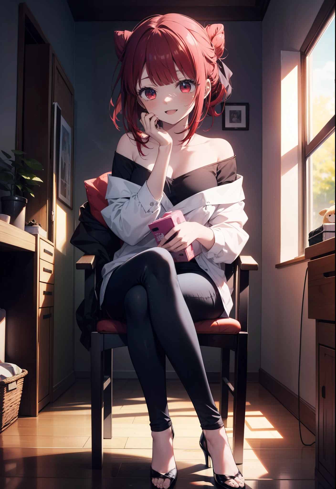 Arima etc.., Arima Kana, (Red eyes:1.5), Red Hair,Long Hair,happy smile, smile, Open your mouth,Hair Bun, single  Hair Bun,Redhead,Off-the-shoulder shirt,Exposing shoulders,skinny pants,Stiletto heels,sitting cross-legged on a chair,There is a lunch box on the table,whole bodyがイラストに入るように,Daytime,Clear skies,
壊す looking at viewer,whole body,
Breaking indoors,office,　　　　　　　　　　　　(masterpiece:1.2), highest quality, High resolution, unity 8k wallpaper, (shape:0.8), (Beautiful and beautiful eyes:1.6), Highly detailed face, Perfect lighting, Extremely detailed CG, (Perfect hands, Perfect Anatomy),