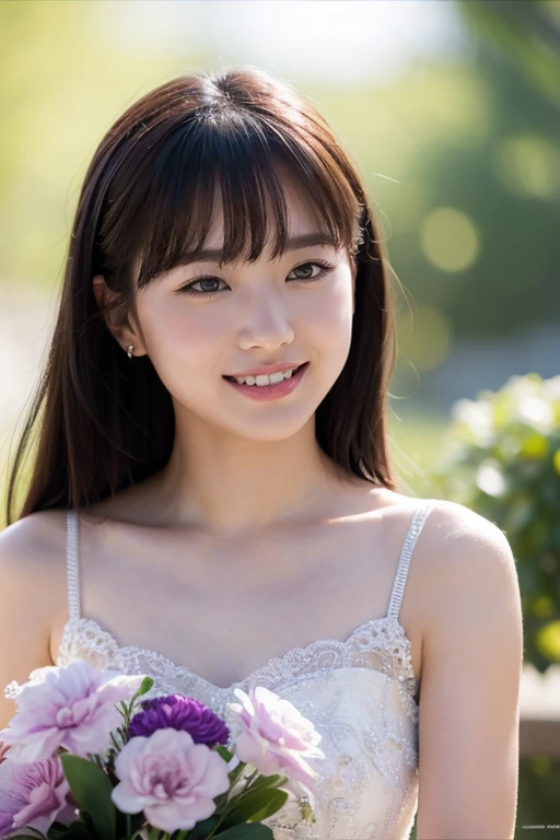 Medium display, Medium Shot, Written boundary depth, bust, Upper Body, Movie angle, masterpiece, highest quality, Very detailed, CG, 8k wallpaper, Beautiful Face, Delicate eyes, Otome, alone, smile, bangs, have,Purple Dress, bow, petal, bouquet