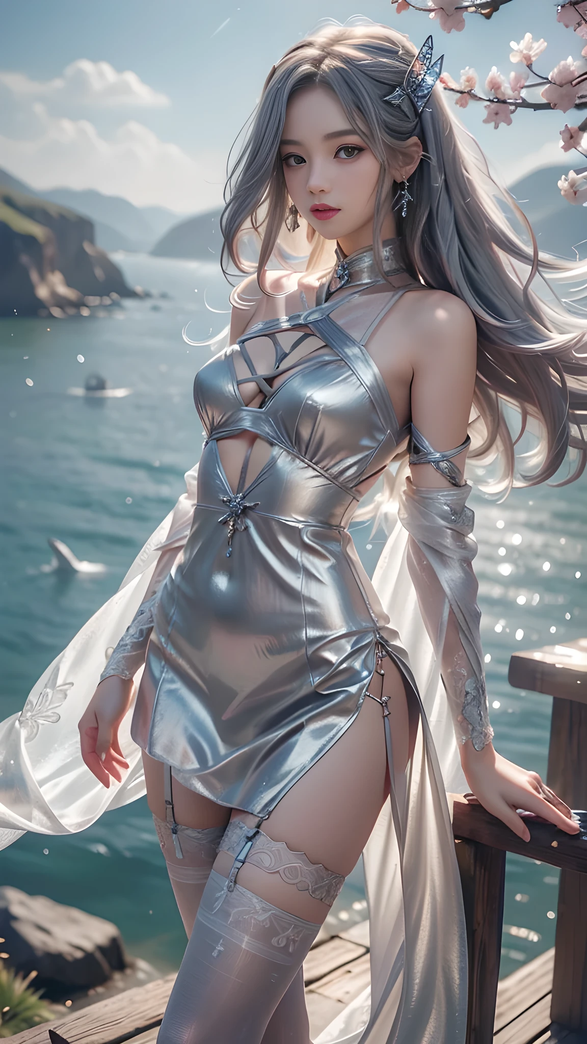 8K, ultra hd, masterpiece, hd color, 1 girl, perfect face, very long curly hair, detailed eyes, she wears a small sexyly silver dress, ((silver clothes)), stockings, (( criss-cross lace)), sardine, straps, clothing net, ((long loop)), jewelry, seaside, Realistic landscape, majestic landscape, standing in front of the night, evening, Butterfly , cherry blossoms, blowing wind, perfect posture, sexyly poses,
