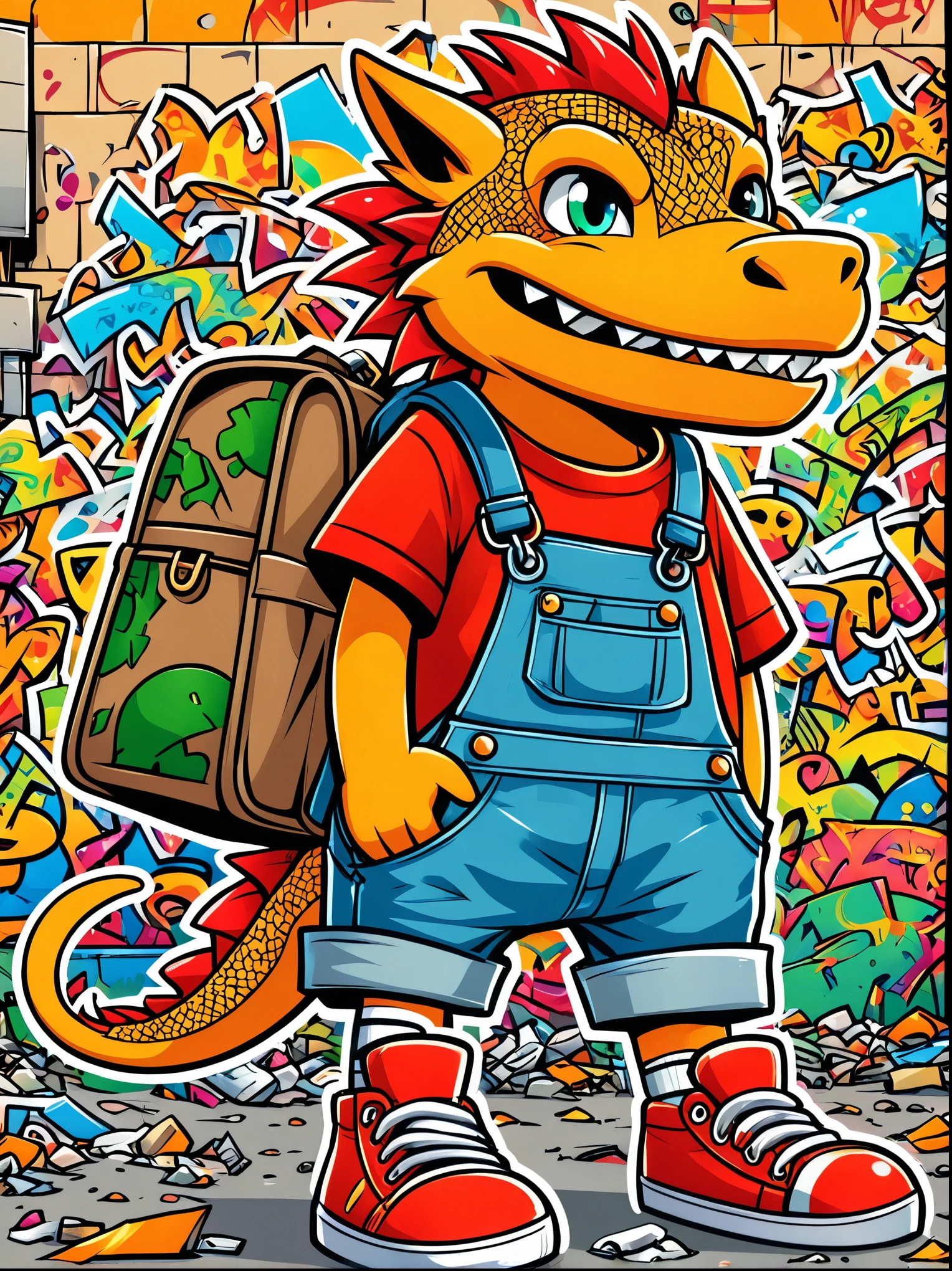 (Cartoon doodle style:1.2), Vector illustration,A very pitiful anthropomorphic little Chinese dragon image,solo, Wearing a tattered red linen shirt and denim overalls,Wearing tattered cloth shoes,Carrying a super bag on his back that is taller than it, Kitten standing on a bigger, In front of a more obvious garbage dump,In the background is a road completely covered in graffiti,Doodle style background, Comic Art,Anatomically correct, Textured Skin, Adds whimsy to the scene, 1xhsn1