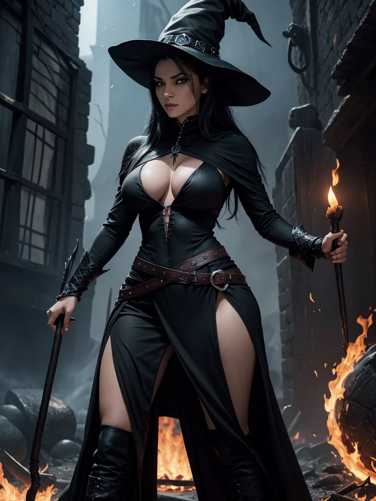 Witch woman with black hair, gray eyes, tough, intimidating look, medium breasts, marked hips. dressed in a black, low-cut witch costume. in the background a fire dragon. 4k. hd. many details.