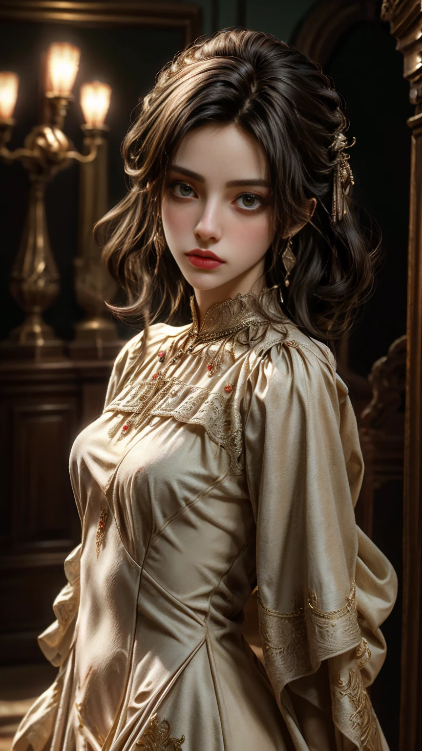 hermosa doncella detallada vestida con un hermoso vestido de encaje blanco:1.3, years style:1.2, elegant mansion of the years interior, hiper detallado, 8K, Alta calidad, ultra realista, realistic lighting, Fotorrealista, cinematographic, rostro y ojos muy detallados, hermoso vestido detallado, detalles intrincados, chiaroscuro lighting, dramatic shadows, warm color tones, golden hour lighting, ornate decoration, muebles de lujo, suelos de parquet.