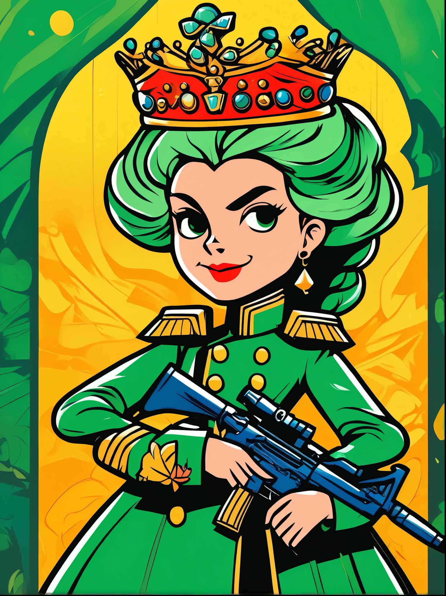 (Cartoon doodle style:1.2), Vector illustration，Catherine the Great，Medieval general in costume，Double-breasted green military uniform，Wearing a crown，Holding an assault rifle，Standing in front of a doodle style background, Comic Art，Adds whimsy to the scene, 1xhsn1，Ultra HD動畫，Beautiful animation，Neon，(Liquid light background)，(Ultra HD, masterpiece, precise, Anatomically correct, Textured Skin, Super Detail, High Detail, The award-winning, best quality, 8K)