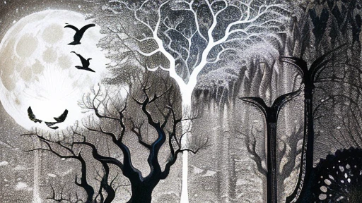 there are birds flying in the air near a tree and a full moon, by Lucia Peka, high contrast illustration, stanley donwood, inspired by Lotte Reiniger, high contrast illustrations, crows on the oak tree, inspired by Toshiko Okanoue, birds and trees, in style of stanley donwood, inspired by Eyvind Earle, inspired by Kay Nielsen