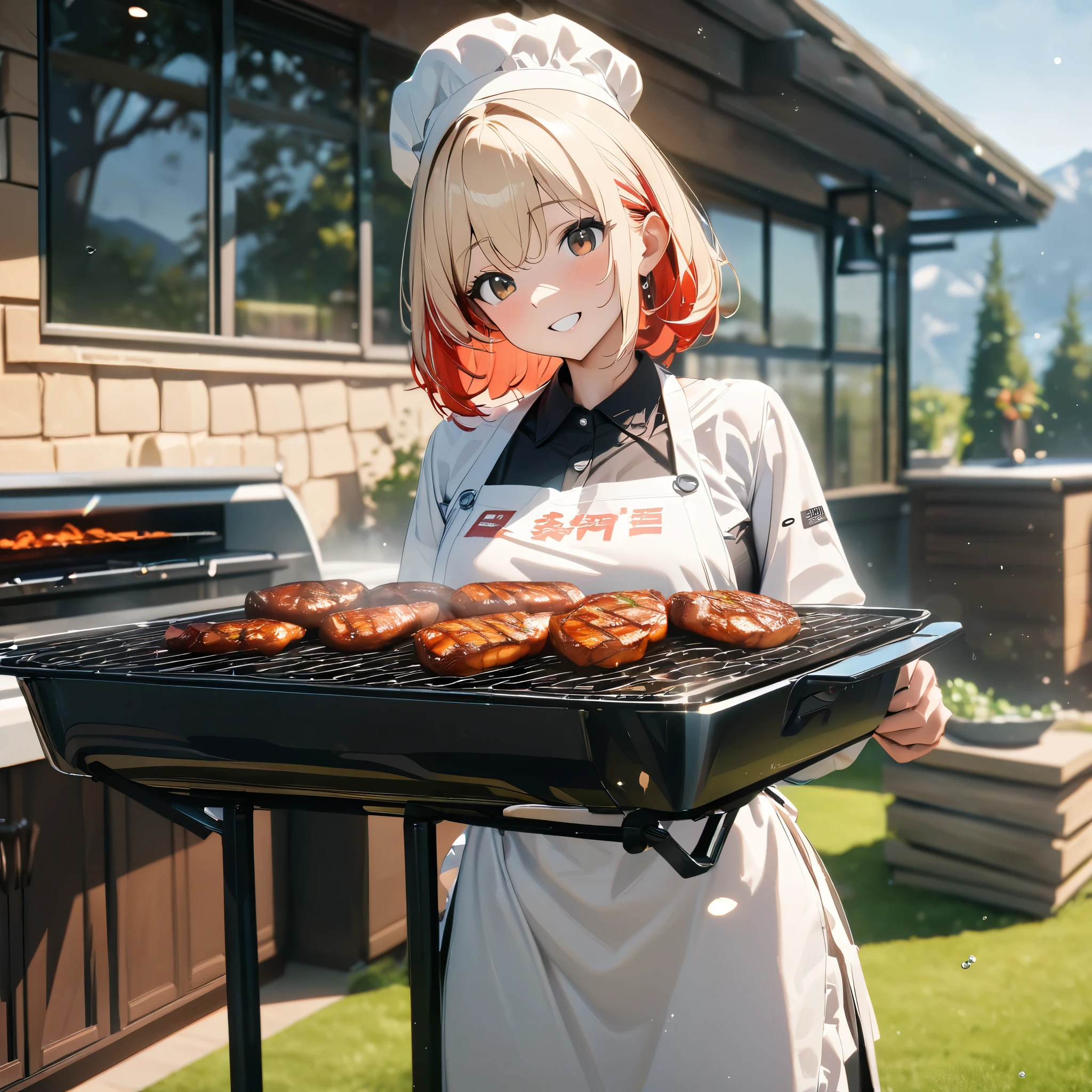 A woman in white kitchen clothes, with a black apron with kanji written on the apron, with a steel spatula, near a luxurious barbecue grill, in the garden of a modern house, a place with a lawn, a place with trees and mountains on the right side of the background , with the sun creating a light, short blonde hair, red bangs, red multicolored hair, brown eyes, white chef's hat, perfect eyes, smile, perfect face, UHD, masterpiece, precise, anatomically correct, textured skin , super details, high quality, best quality, 8k, high resolution, bokeh effect. (woman alone) UHD, masterpiece, accurate, anatomically correct, textured skin, super detail, high quality, best quality, 8k, high resolution, bokeh effect.(woman solo)