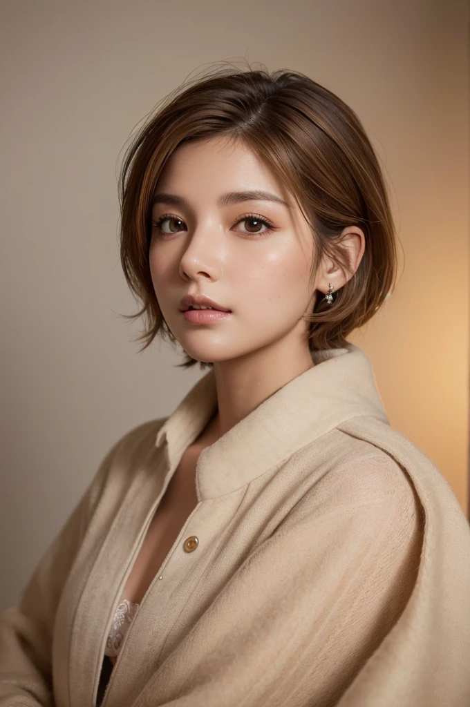((highest quality)), ((masterpiece)), (detailed), Perfect Face, lying on bed, nose pierce, (seductive), light brown eyes, white light background, half up, light brown hair, (cut saw), short hair, from above, ((looking away)), dutch angle, cowboy shot, asian, acnes