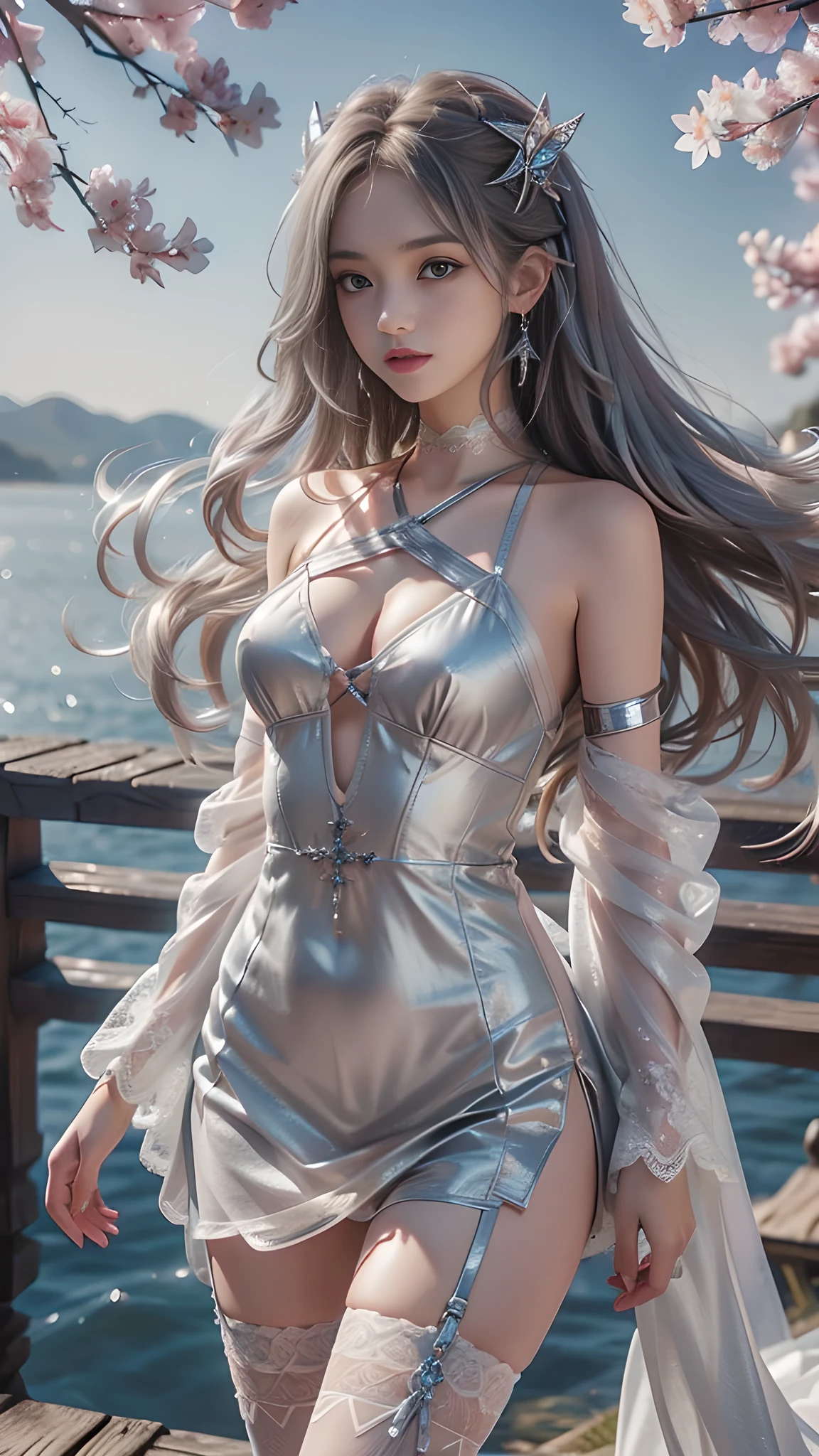 8K, ultra hd, masterpiece, hd color, 1 girl, perfect face, very long curly hair, detailed eyes, she wears a small sexyly silver dress, ((silver clothes)), stockings, (( criss-cross lace)), sardine, straps, clothing net, ((long loop)), jewelry, seaside, Realistic landscape, majestic landscape, standing in front of the night, evening, Butterfly , cherry blossoms, blowing wind, perfect posture, sexyly poses,