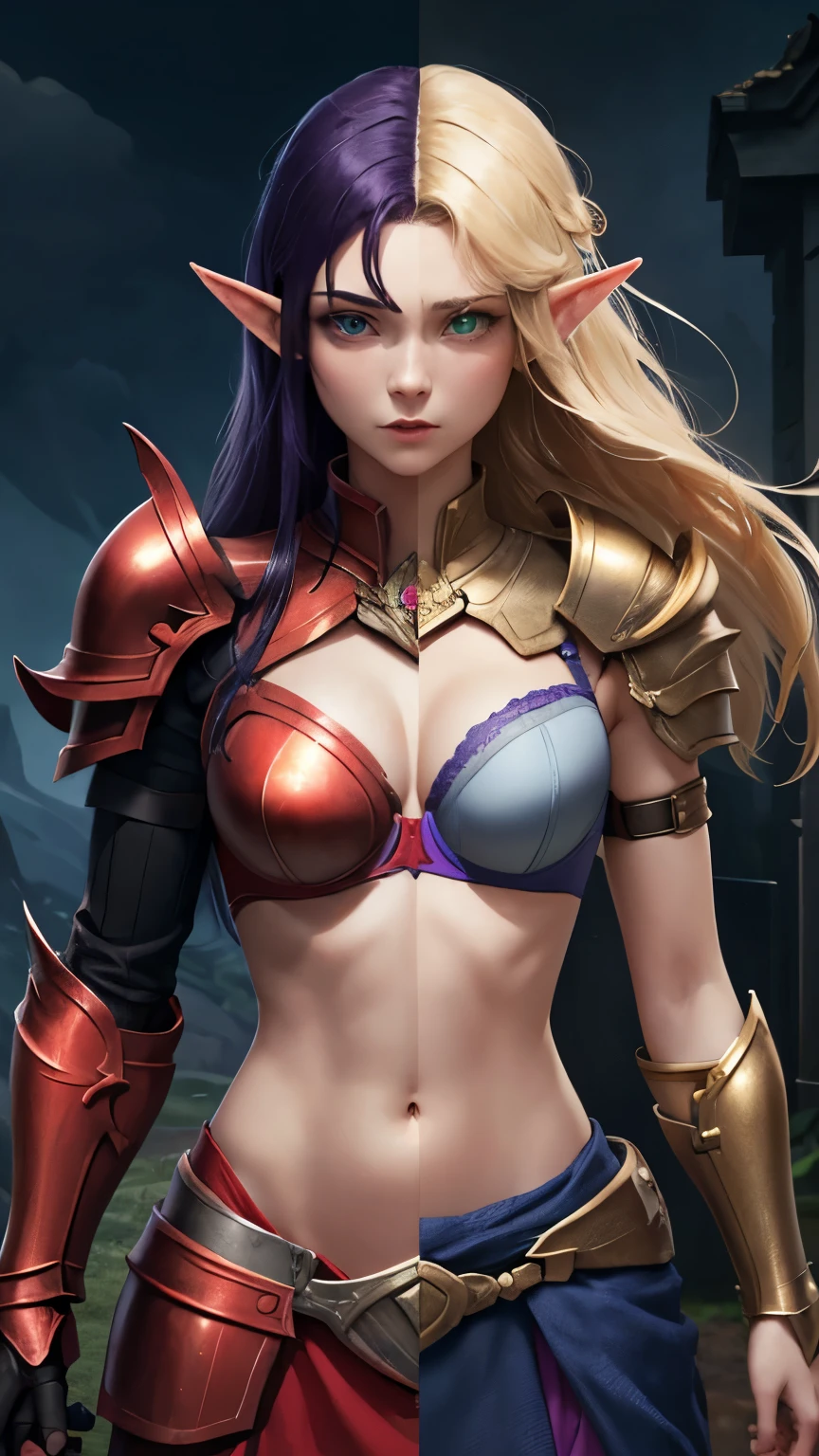 (Highly quality, highly resolutions, highly detailed, masterpiece) Forest background, angry expression, clenched teeth, ((SplitScreen,  splitscreen, slim body, 1girl, green eyes, blood elf, Elf, pointy ears, blonde hair, natural skin, red Armor, red bra, armored bra, breastplate, gold trim armor, shoulder pads, red shoulder pads, Navel, Abdomen, sexy)), vs, ((SplitScreen,  splitscreen, slim body, 1girl, light blue eyes, void elf, elf, pointy ears, purple hair, colored skin, blue skin, purple armor, purple bra, armored bra, breastplate, Gold trim armor, shoulder pads, purple shoulder pads, navel, Abdomen, sexy,))